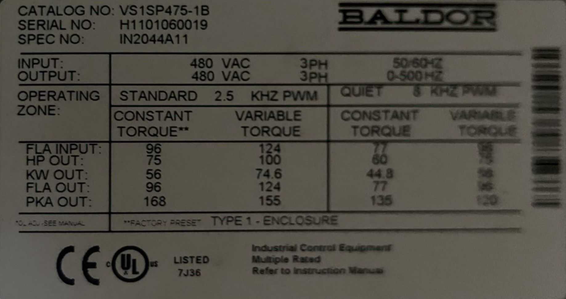 BALDOR VS1SP475-1B INVERTER DRIVE - INDUSTRIAL PARTS