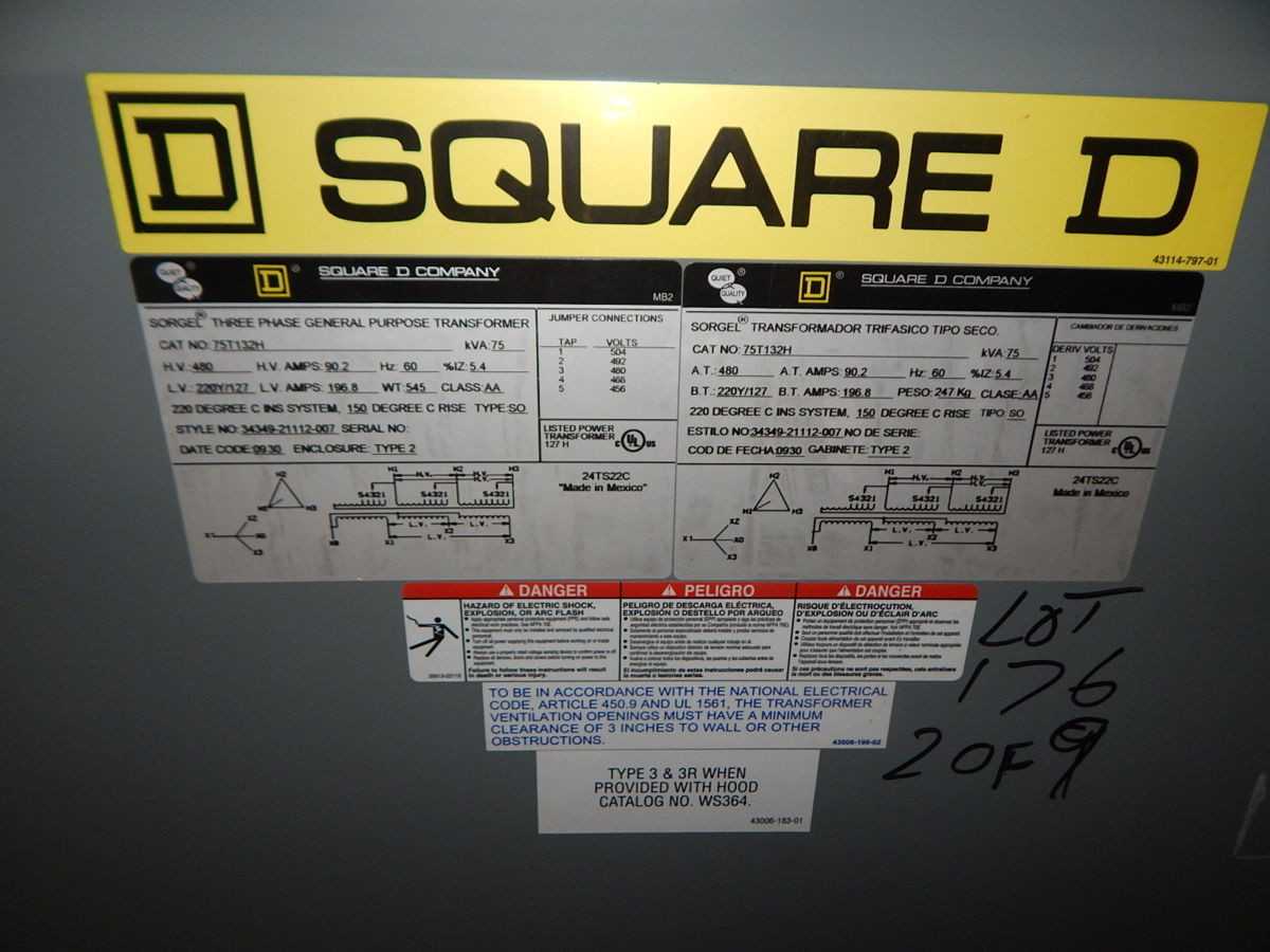 SQUARE D 75T132H TRANSFORMER, 3-PHASE, 75 KVA, DRY TYPE, 480 VAC PRIMARY, 208Y/120 VAC SECONDARY - DRY TRANSFORMERS