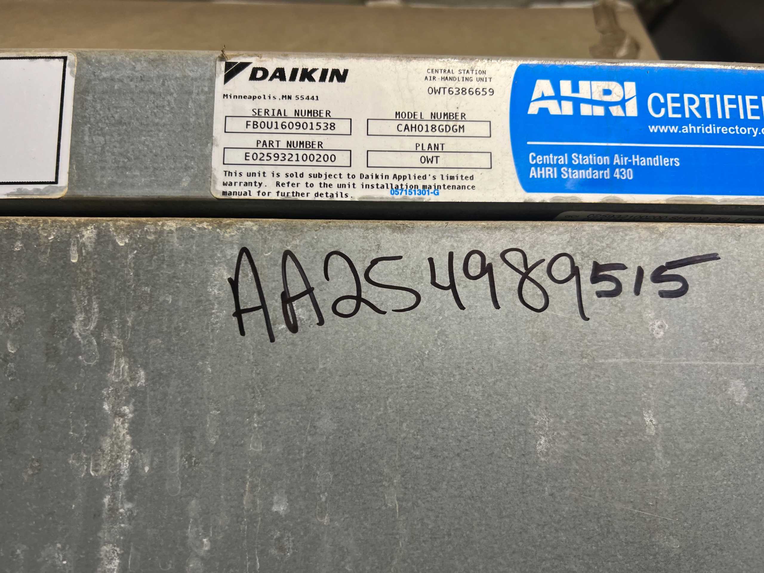 DAIKIN CAH018GDGM AIR HANDLER - AIR HANDLER