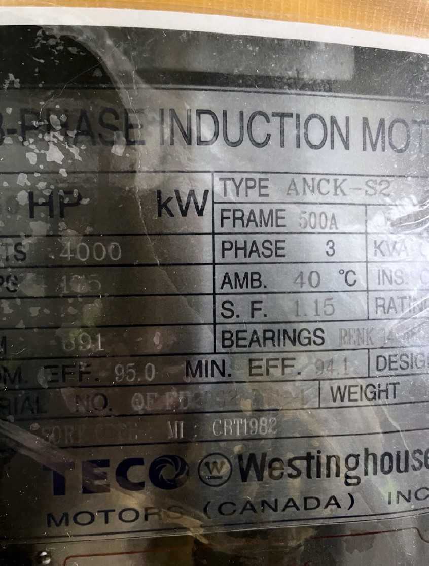 TECO WESTINGHOUSE ANCK-S2 1,250 HP INDUCTION MOTOR - ELECTRIC MOTORS