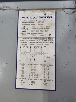 EMERSON SOLA HD HS5F5AS 5KVA 1 PHASE ENCAPSULATED NON-VENTILATED TRANSFORMER - MACHINE TOOLING