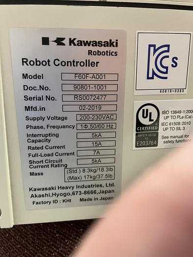2019 KAWASAKI RS007L ARTICULATED ROBOT, 7KG PAYLOAD, 930MM REACH, F60F CONTROLLER - ARTICULATED ROBOTS