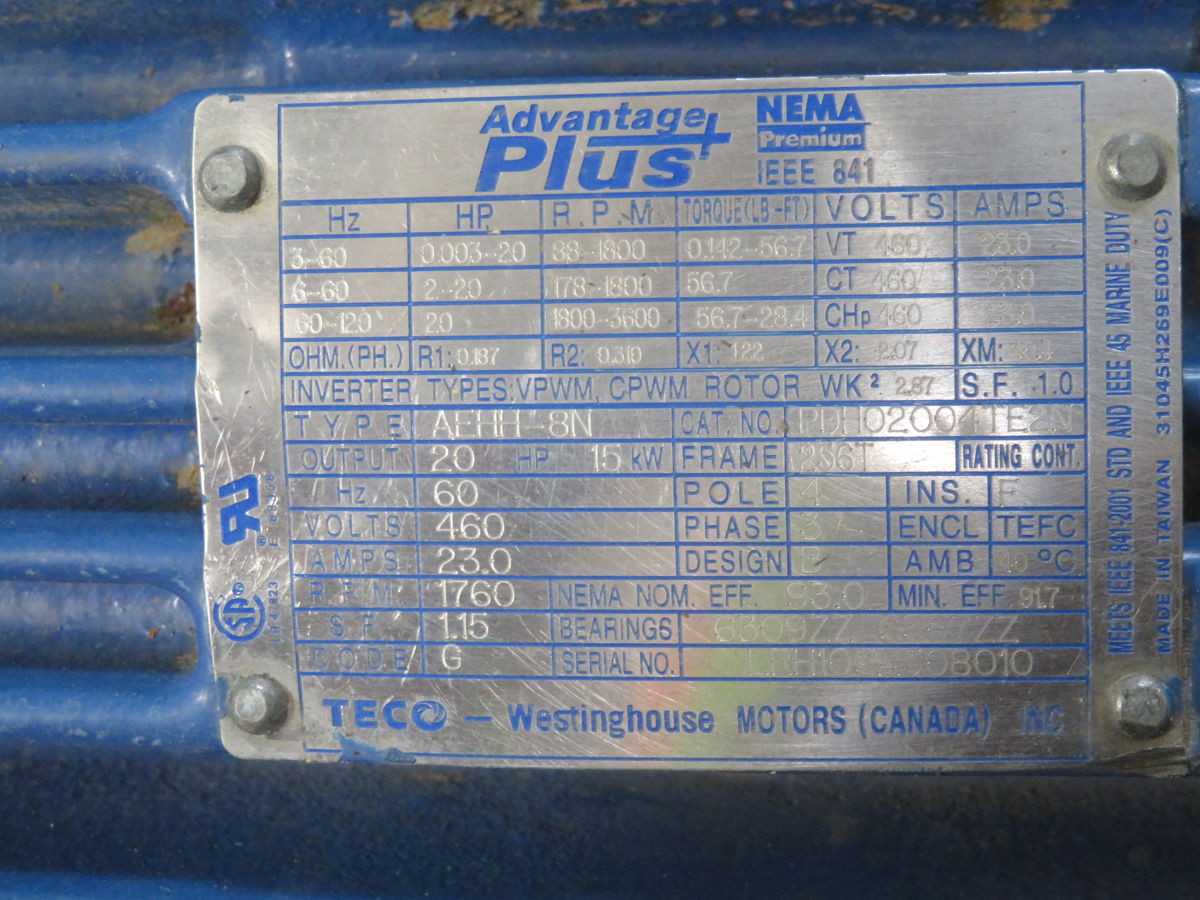 TECO-WESTINGHOUSE AEHH-8N AC MOTOR, 20 HP POWER, 460V VOLTAGE, 1775 RPM SPEED - AC MOTOR