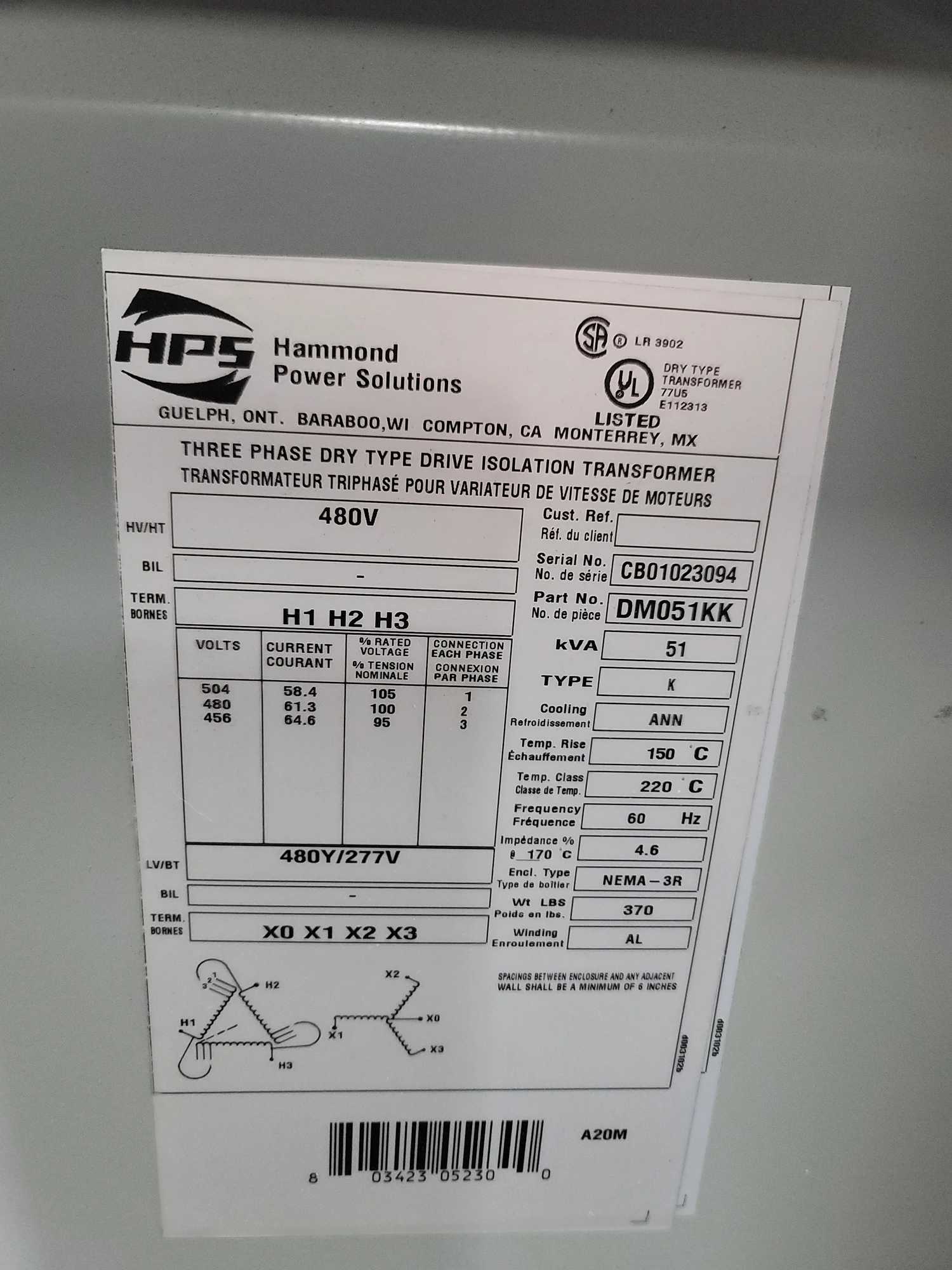 HAMMOND POWER SOLUTIONS DM051KK DRIVE ISOLATION TRANSFORMER, 51KVA, 480V PRI/480Y SEC - DRY TRANSFORMERS
