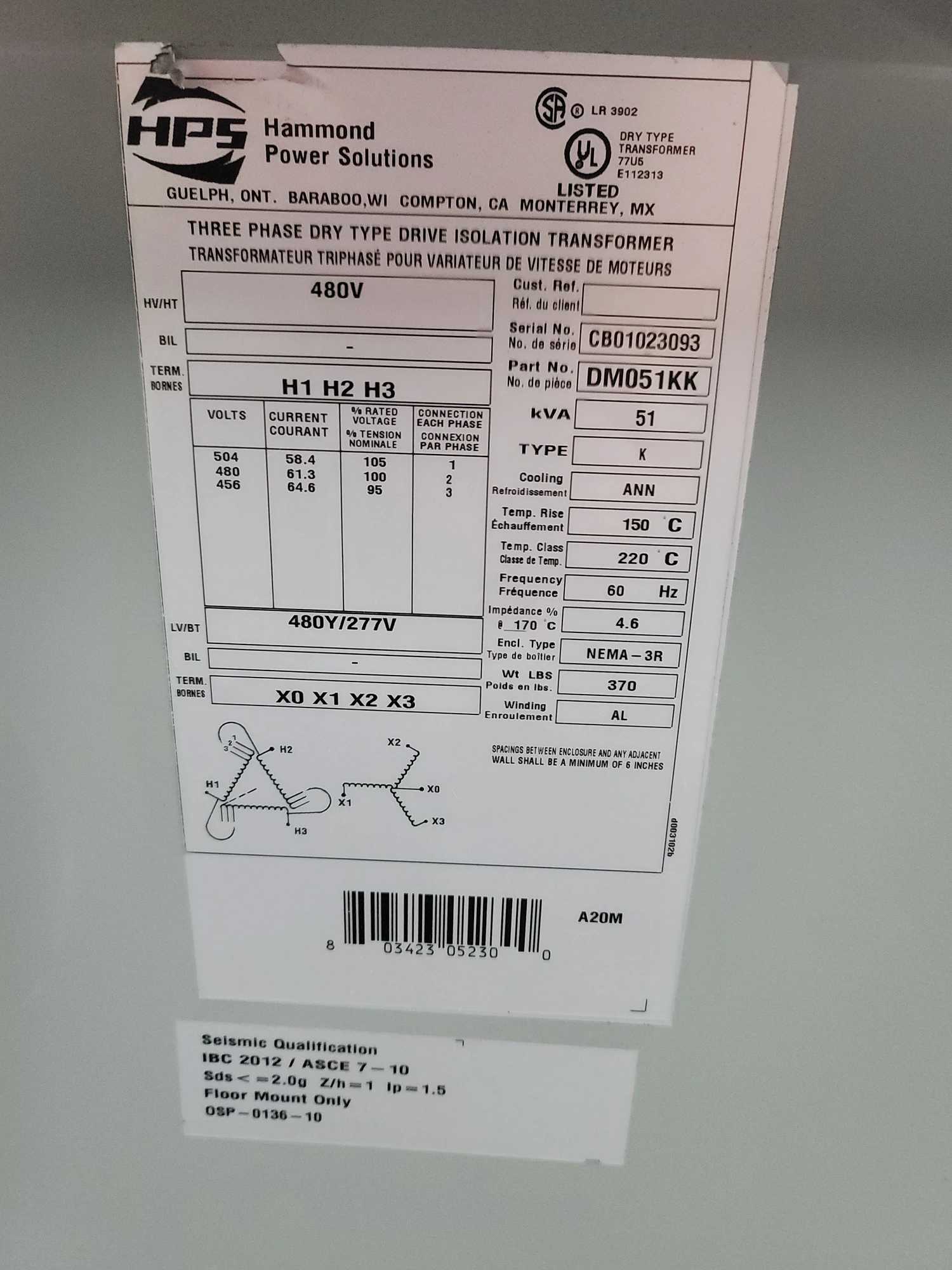 HPS DM051KK DRIVE ISOLATION TRANSFORMER, 51KVA, 3PH, 480D/480Y SEC - DRY TRANSFORMERS