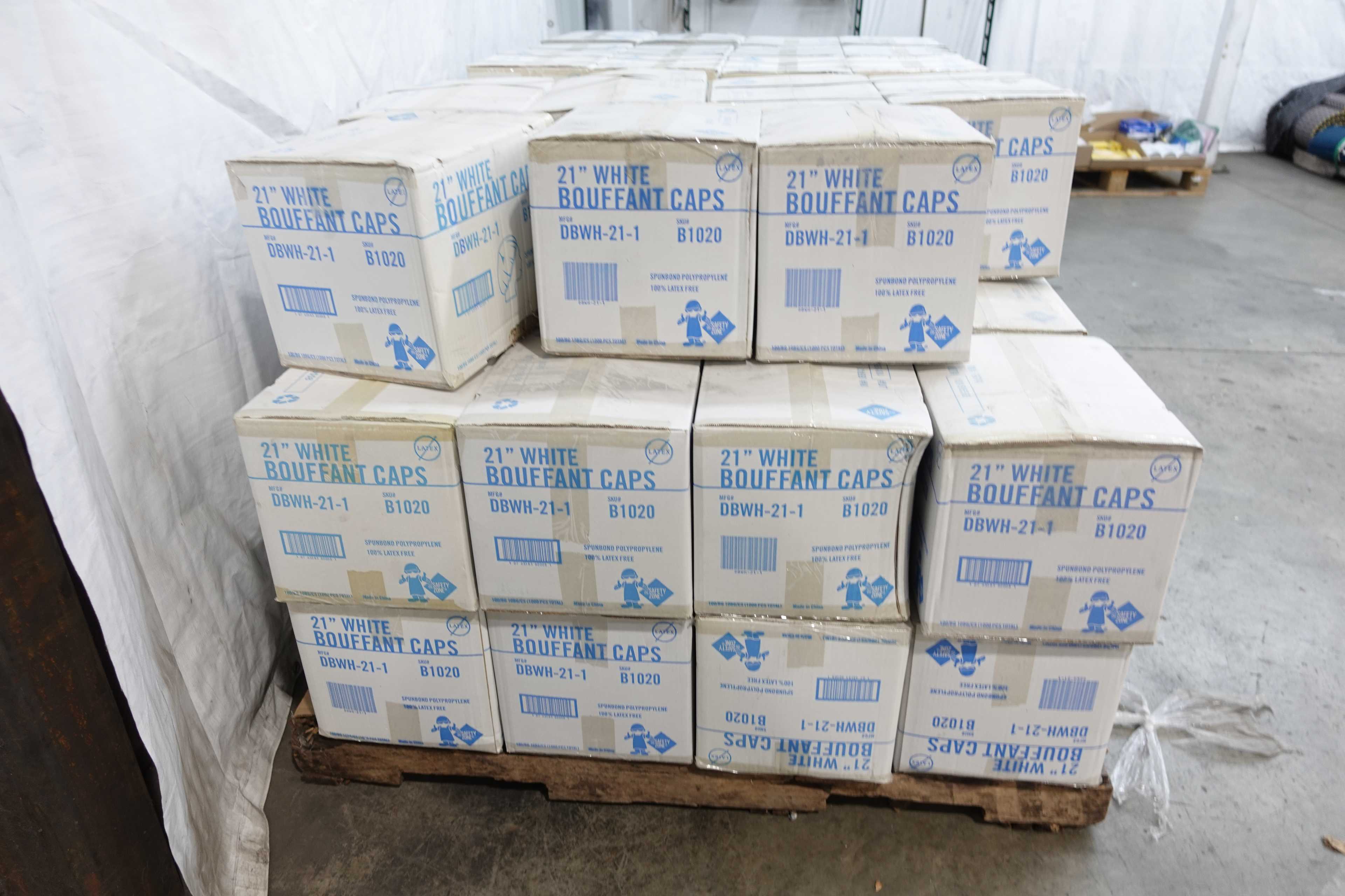 2 PALLETS OF SAFETY ZONE WHITE BOUFFANT CAPS, NEW IN BOX - PPE
