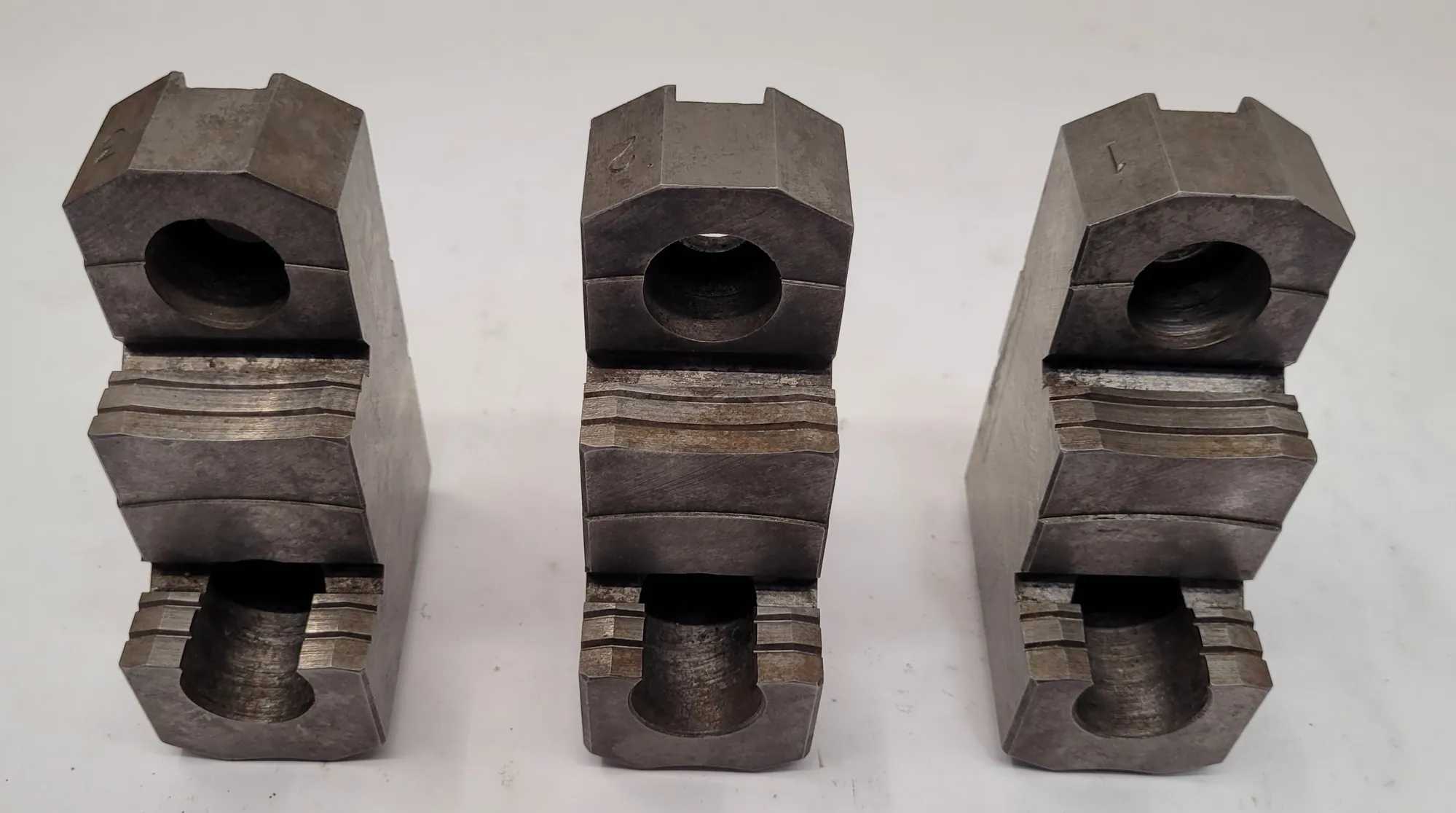 3-PIECE LATHE CHUCK JAW SET, 3-3/8" HEIGHT, 2-1/2" DEPTH, STAMPED 1-3 - MACHINE TOOLING