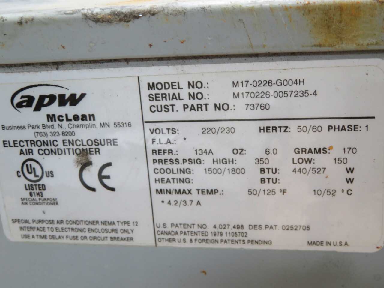 MCLEAN M17-0226-G004H HVAC, 586W COOLING, 220/230V POWER, NEMA 12, 27.2 KG WEIGHT - AIR CONDITIONER