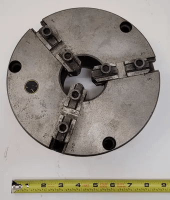 BISON 8" 3 JAW ADJUSTABLE CHUCK, CENTER HOLE ID 2-1/2", OD 4-5/8" - MACHINE TOOLING
