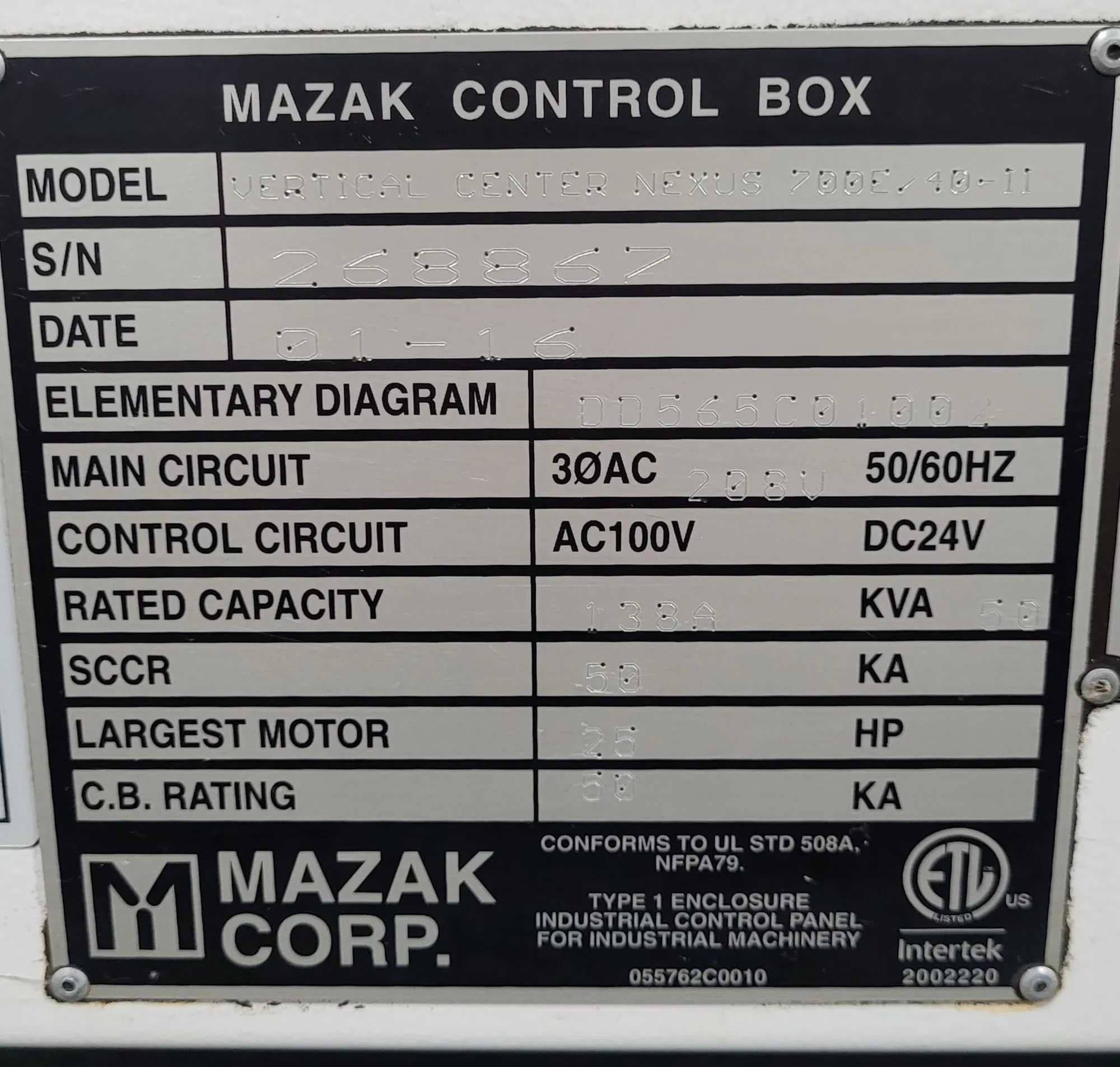 2016 MAZAK NEXUS VCN 700E/40-II 4-AXIS CNC MACHINING CENTER, 12K RPM, UPGRADED FEATURES - VERTICAL MACHINING CENTERS