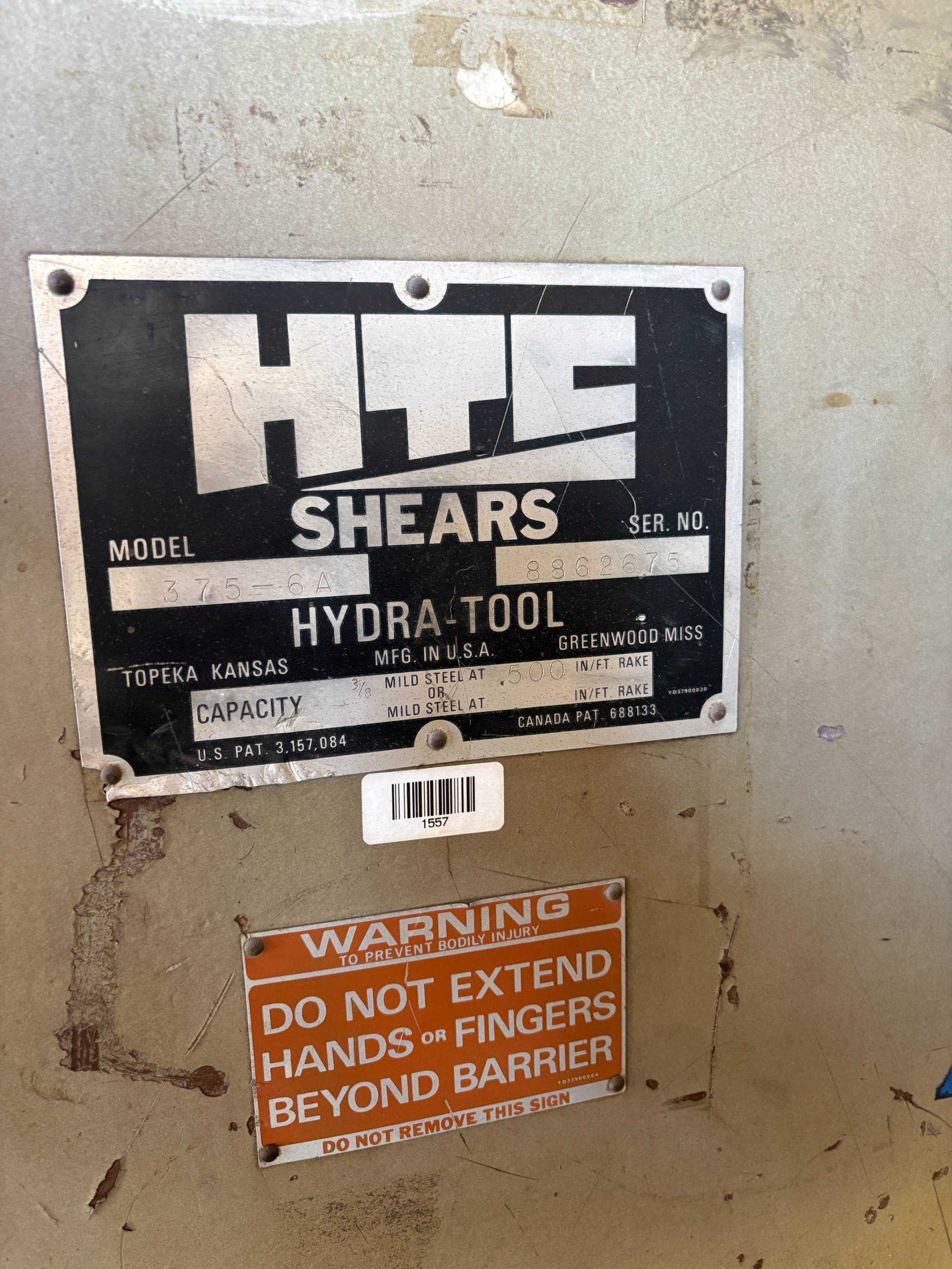HTE MODEL 375-6A HYDRAULIC METAL SHEAR, 6FT X 3/8 INCH CAPACITY - METAL SHEARS
