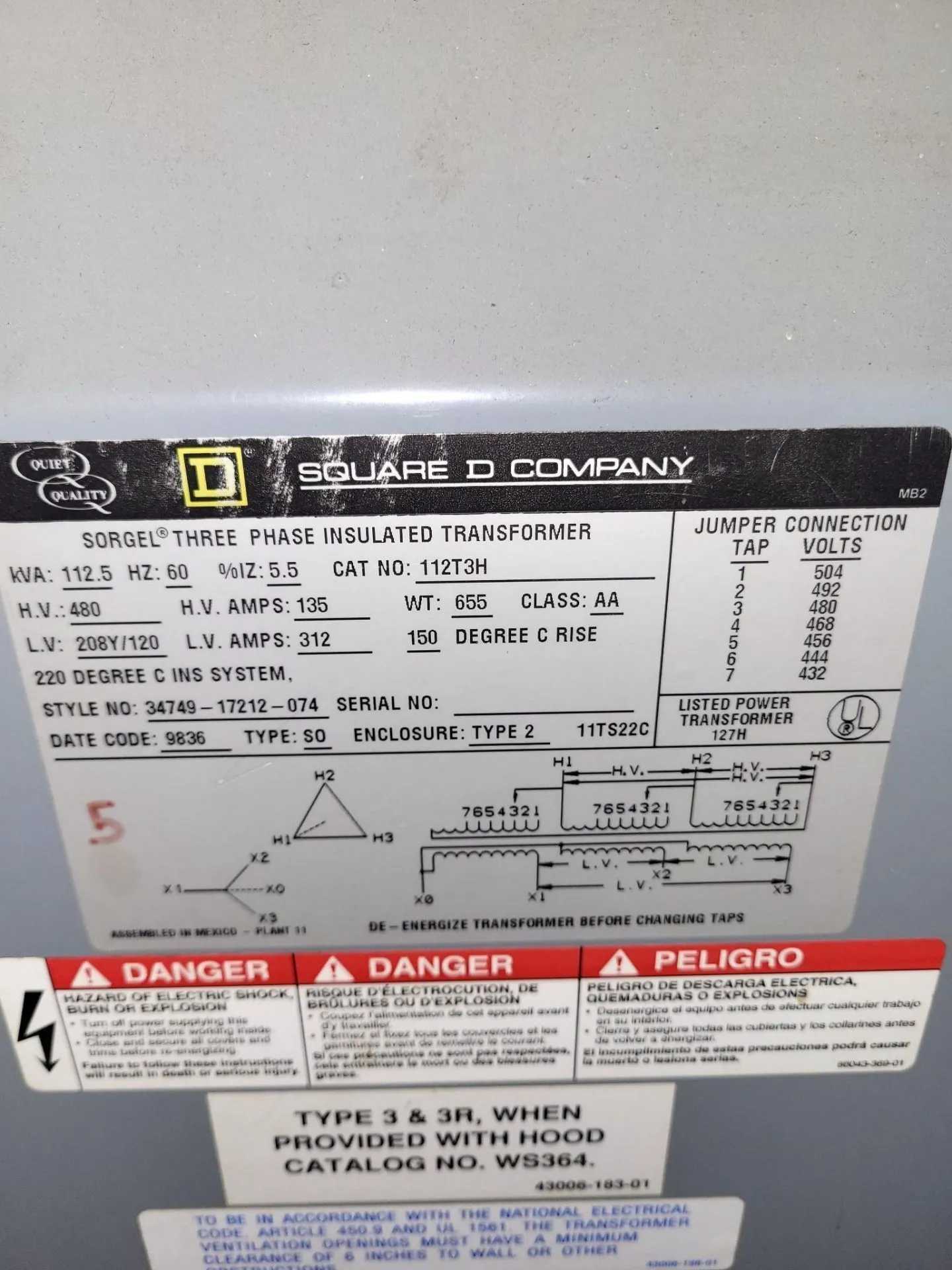 SQUARE D 112T3H SORGEL 112.5 KVA 480V TO 208Y/120V 3 PHASE DRY-TYPE TRANSFORMER - POWER TRANSFORMERS