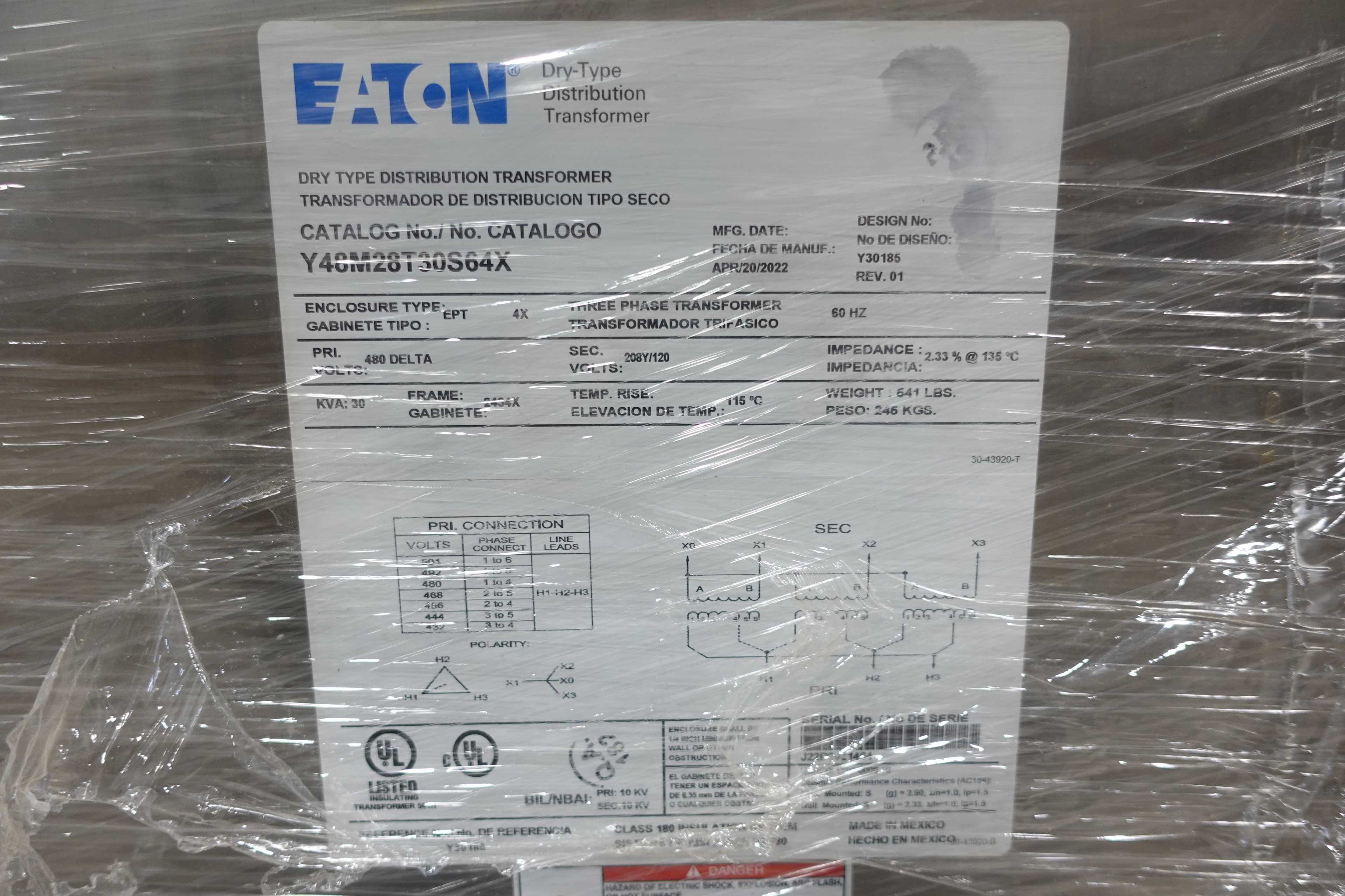 2022 EATON Y48M28T30S64X DRY TYPE DISTRIBUTION TRANSFORMER - DRY TRANSFORMERS