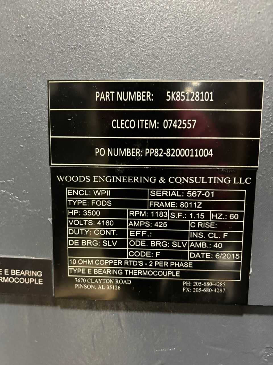 2015 WOODS ENGINEERING 3500HP 4160V MOTOR - AC MOTOR