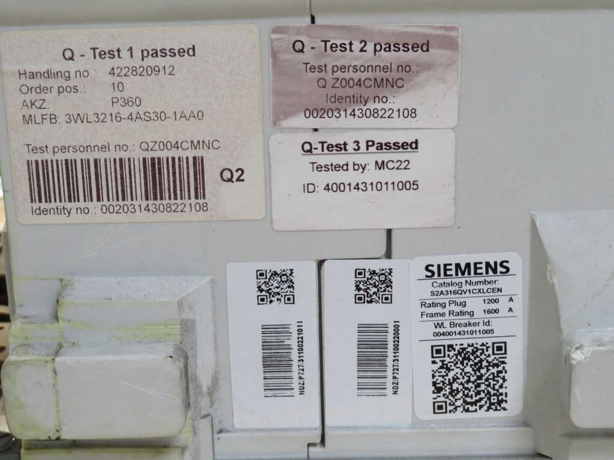 SIEMENS WLS2A316 S2A316QV1CXLCEN CIRCUIT BREAKER, 3 POLE, 1600A CURRENT, 690V AC VOLTAGE - CIRCUIT BREAKERS