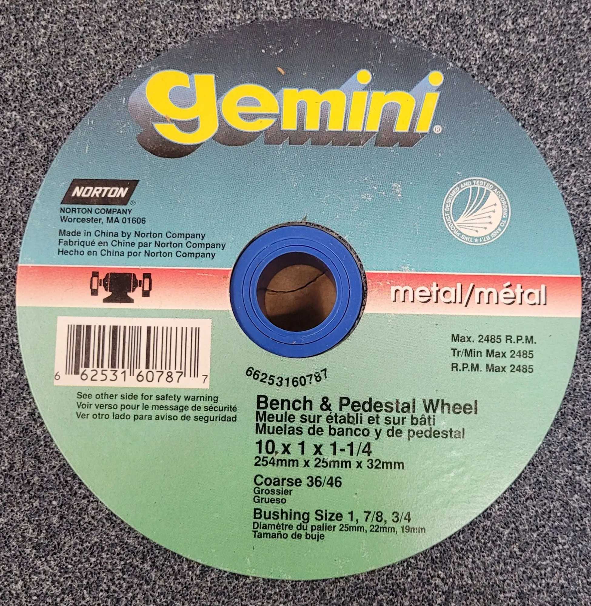 NORTON CO GEMINI BENCH AND PEDESTAL WHEEL (SET OF 2) 10X1X1-1/4, MAX RPM 2485 - MACHINE TOOLING