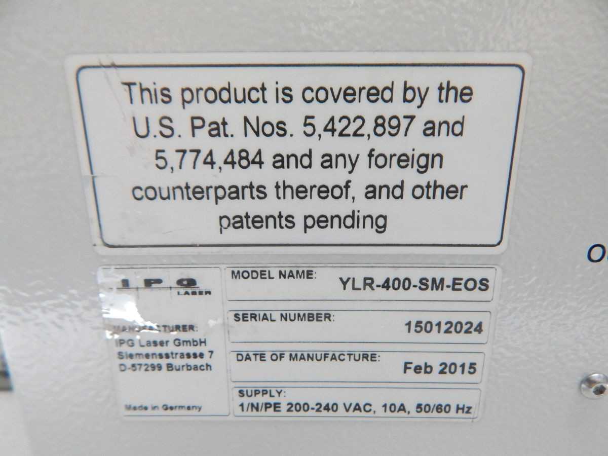 IPG LASER YLR-400-SM-EOS, 400W POWER, 1070 NM WAVELENGTH, M² < 1.05 BEAM QUALITY - LASER CUTTING MACHINES