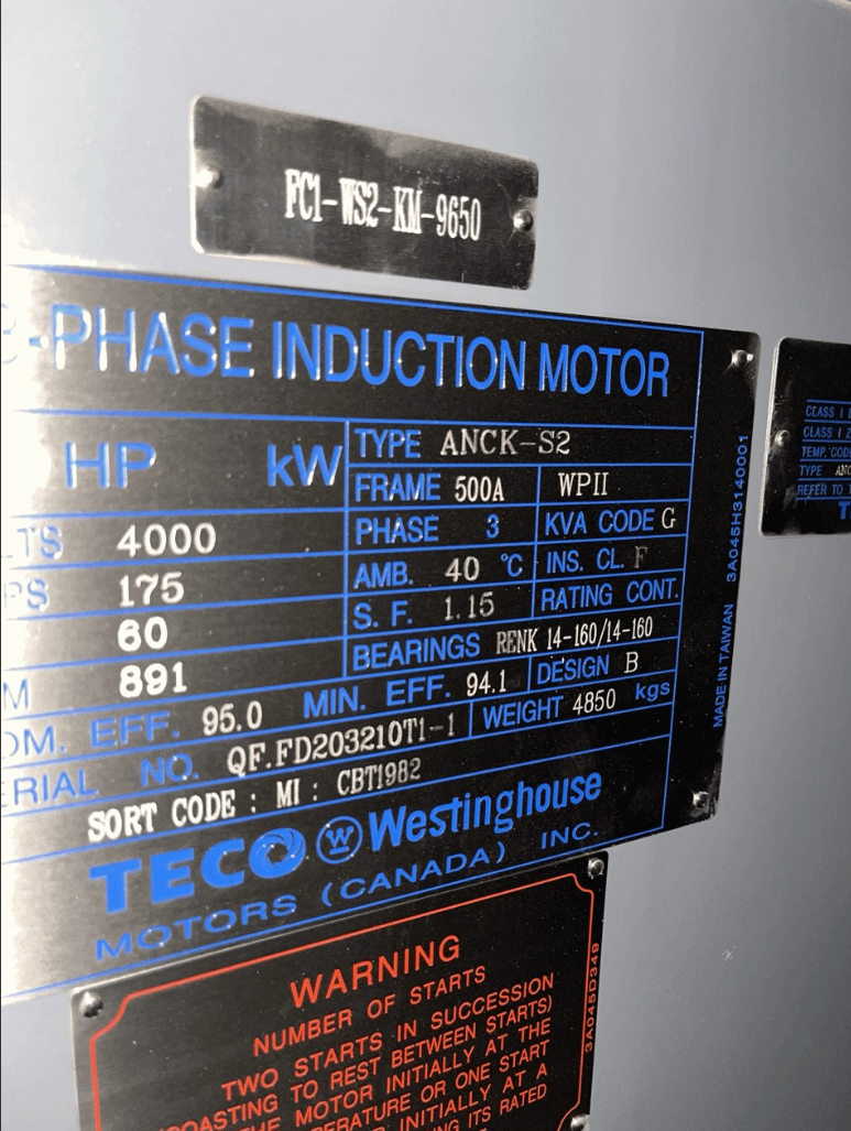 2015 TECO WESTINGHOUSE ANCK-S2 1250 HP INDUCTION MOTOR - ELECTRIC MOTORS