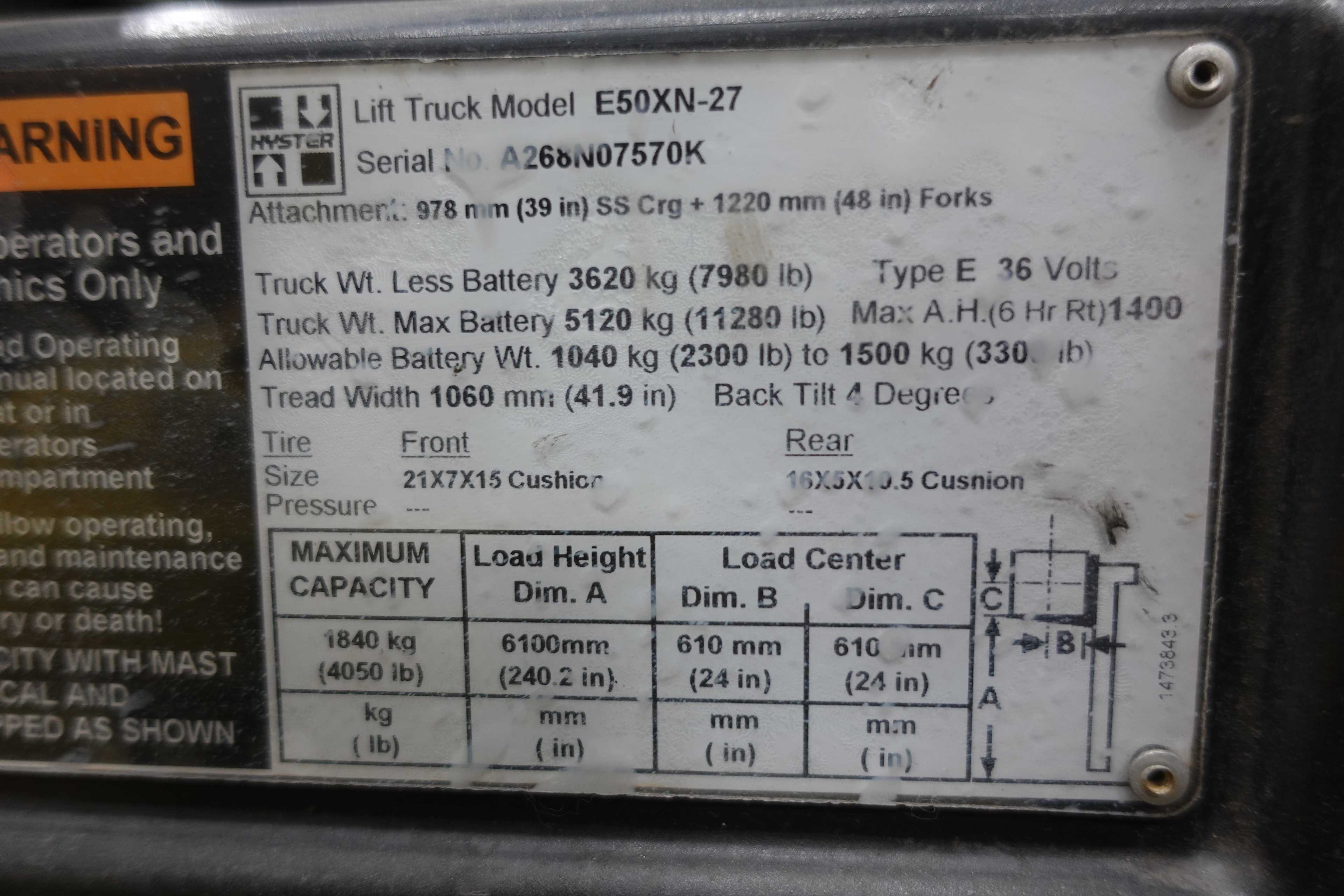 SKU 1762043 - HYSTER E50XN-27 ELECTRIC FORKLIFT, 4050 MAX CAPACITY - SIT-DOWN FORKLIFTS
