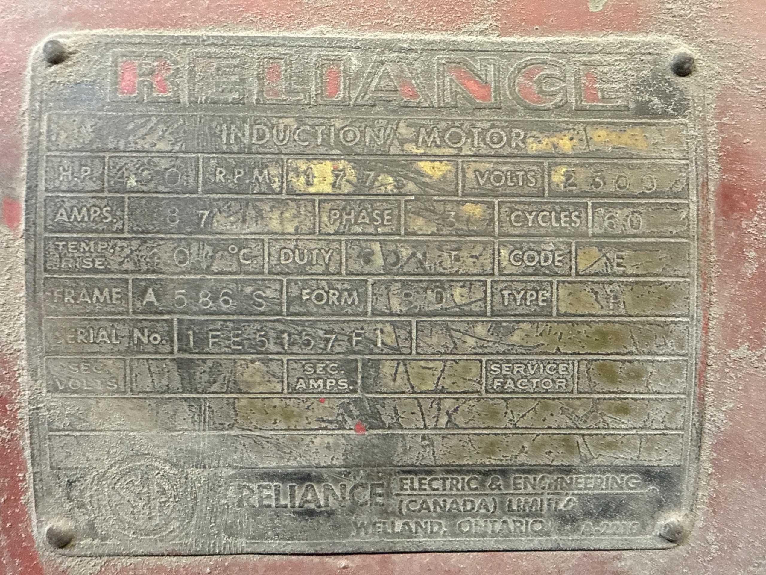 RELIANCE INDUCTION MOTOR / GENERATOR 400 HP, 2300V, 1775 RPM - ELECTRIC MOTORS