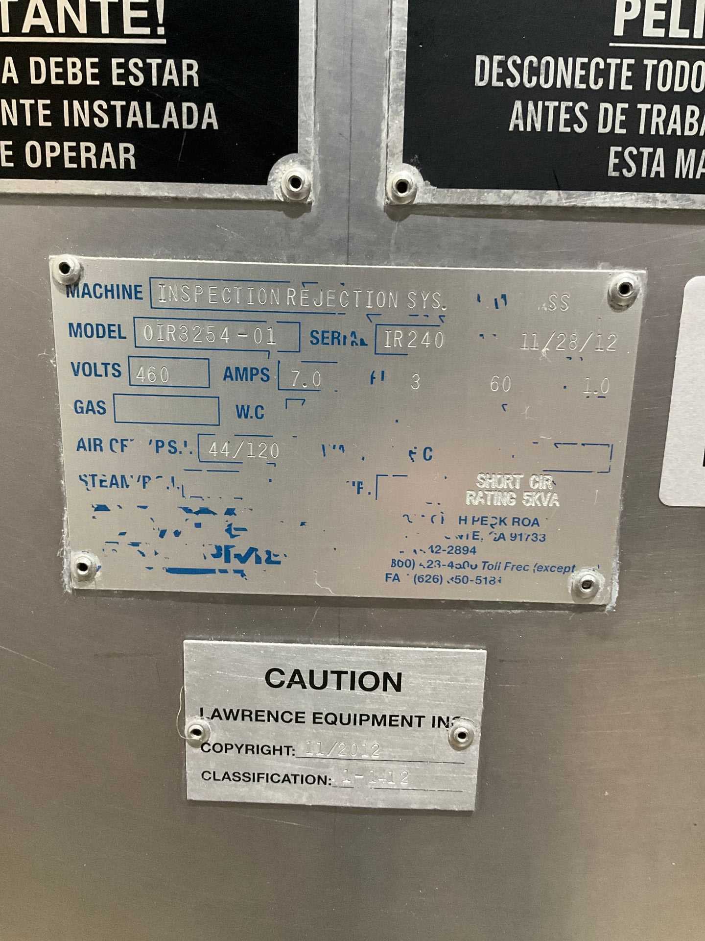 2012 LAWRENCE EQUIPMENT 0IR3254-01 INSPECTION REJECTION SYSTEM - METAL INSPECTION EQUIPMENT