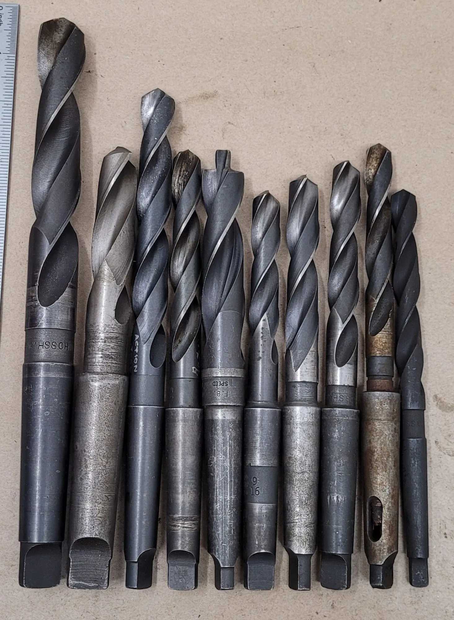 10-PIECE HSS TAPER SHANK TWIST DRILL SET, 1/2" TO 15/16", MT1-MT3 SHANKS, 7" TO 10-3/4" OAL - MACHINING TOOLING & PARTS
