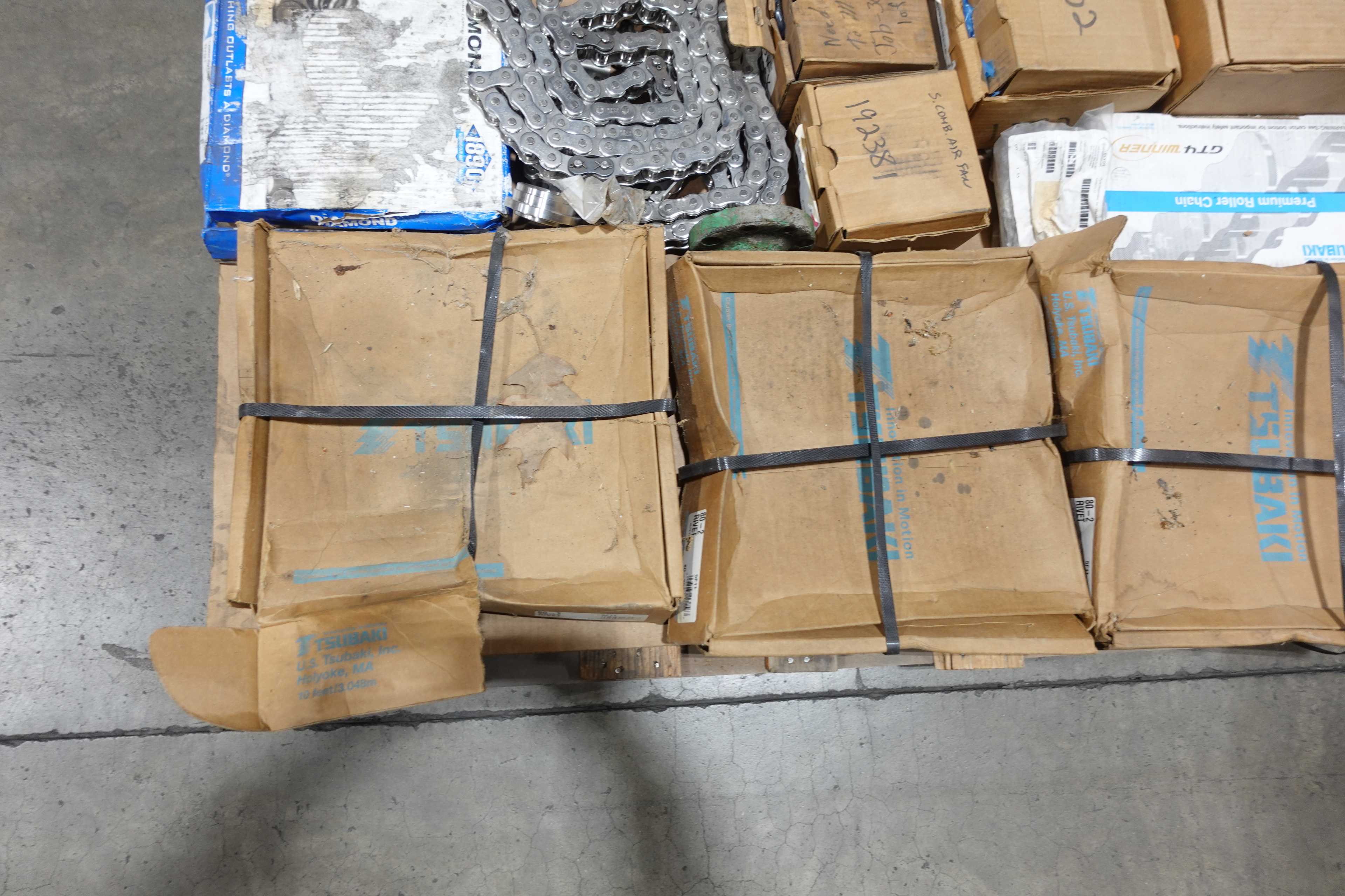 3 PALLETS OF ASSORTED ROLLER CHAINS, TSUBAKI, HHK, ALLIED-LOCKE, RENOLD DIAMOND - ROLLER CHAIN