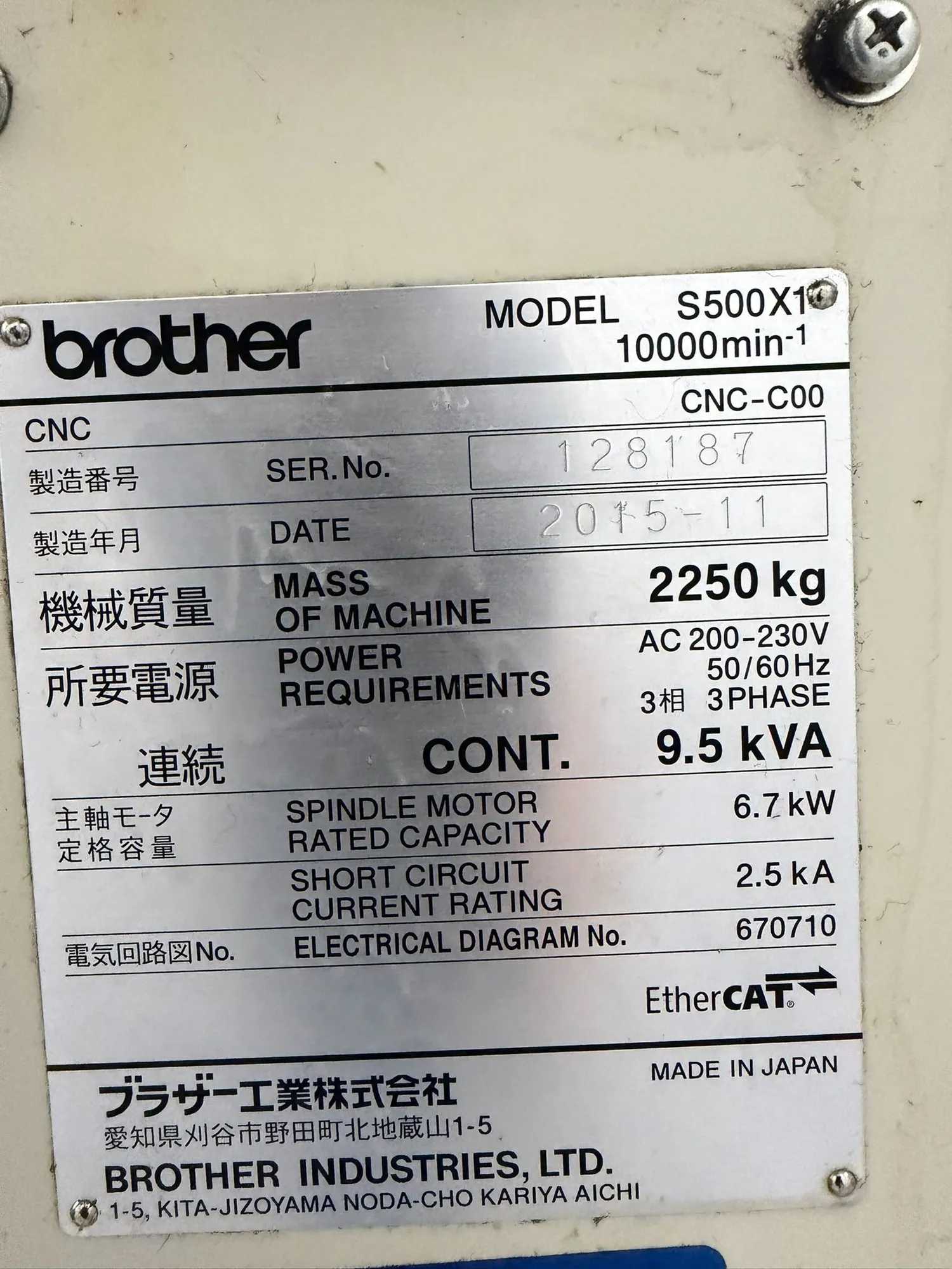 2015 BROTHER SPEEDIO S500X1 4-AXIS VERTICAL MACHINING CENTER, 10K RPM, BT30, 21 ATC - VERTICAL MACHINING CENTERS