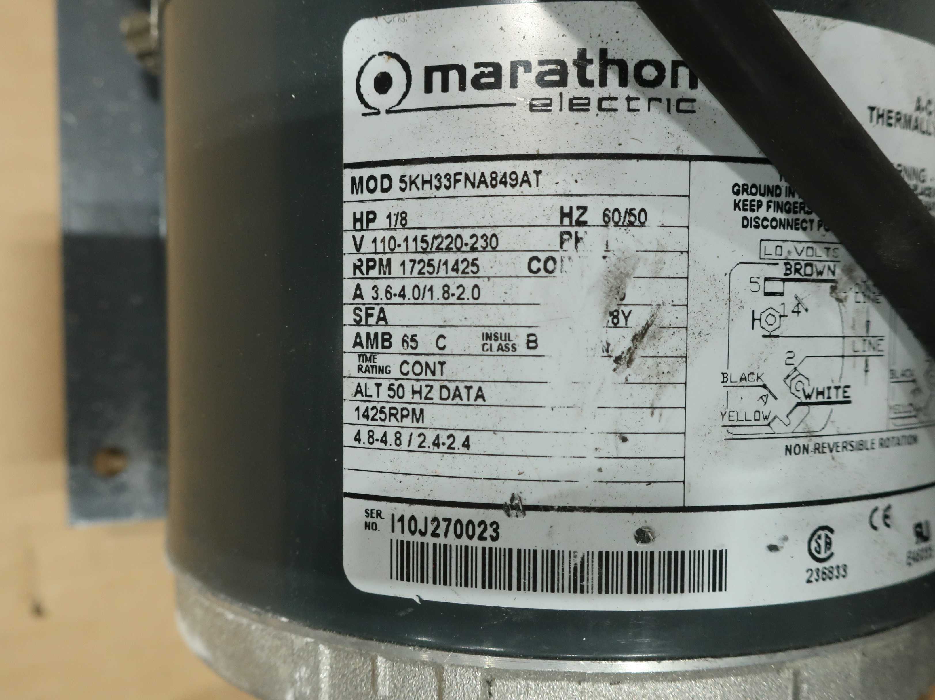 LOT OF 3 MARATHON ELECTRIC AC MOTORS, RPM 1725/1425, HP 1/8,  HZ 60/50, V 110-115/220-230 - AC MOTOR