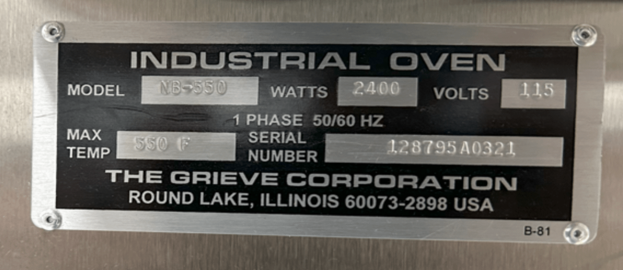 THE GRIEVE CORP NB-550 INDUSTRIAL OVEN - INDUSTRIAL OVEN