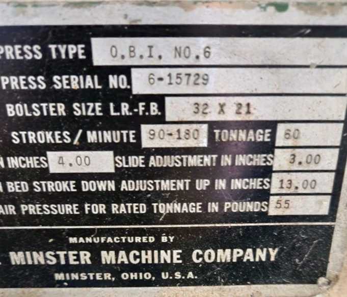 60 TON MINSTER O.B.I. PRESS, 4" STROKE, 13" SHUT HEIGHT, 90-180 SPM, 7.5 HP MOTOR - MECHANICAL PRESSES