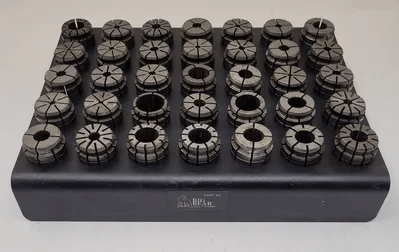 ERICKSON TG 100 COLLET SET - 35 PIECE WITH STORAGE BASE, VARIOUS SIZES - MACHINE TOOLING