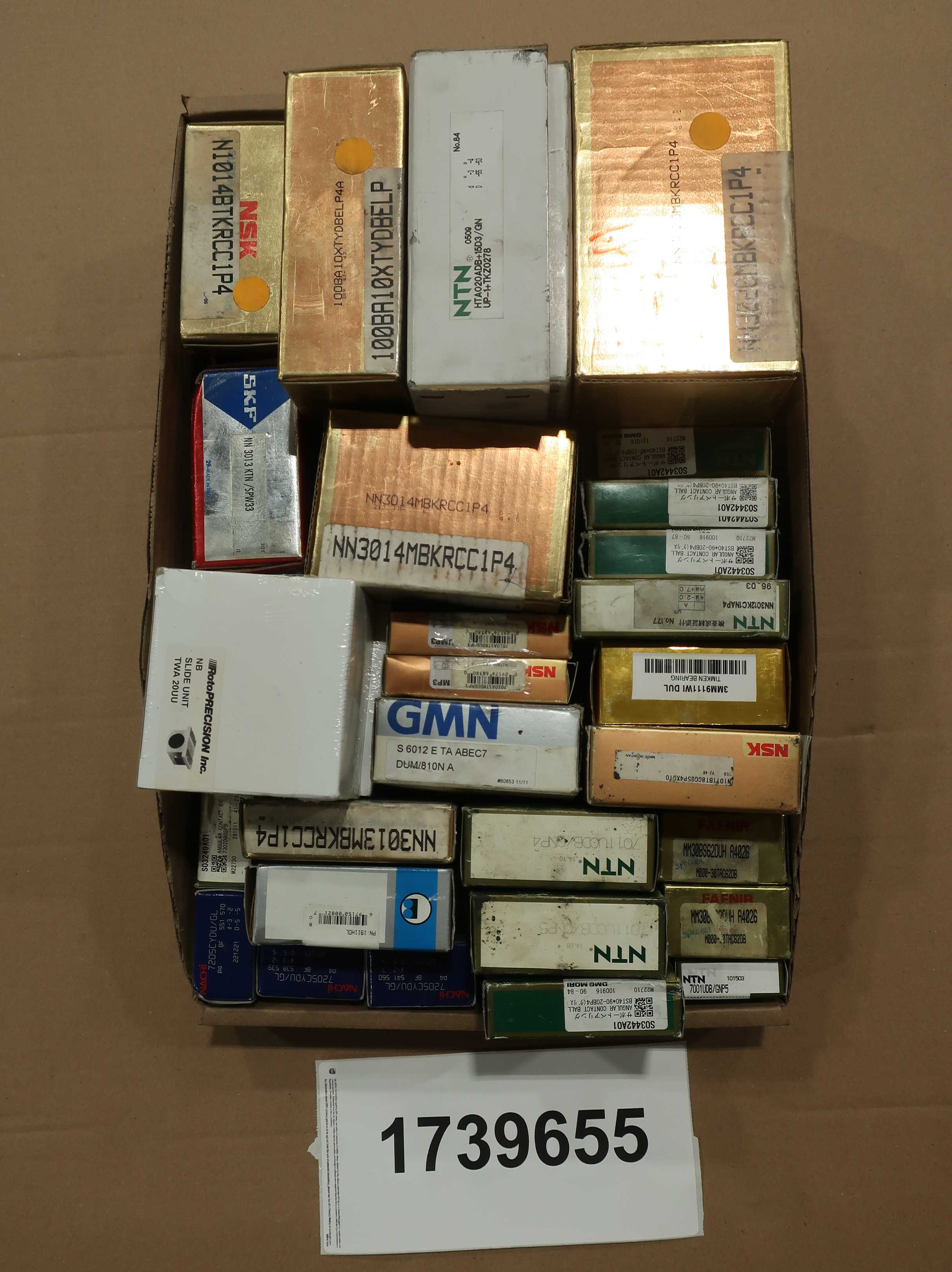 SKU 1739655 - TOTE OF ASSORTED PRECISION BEARINGS, NSK, SKF, NTN, FAFNIR, GMO, NACHI - BEARINGS