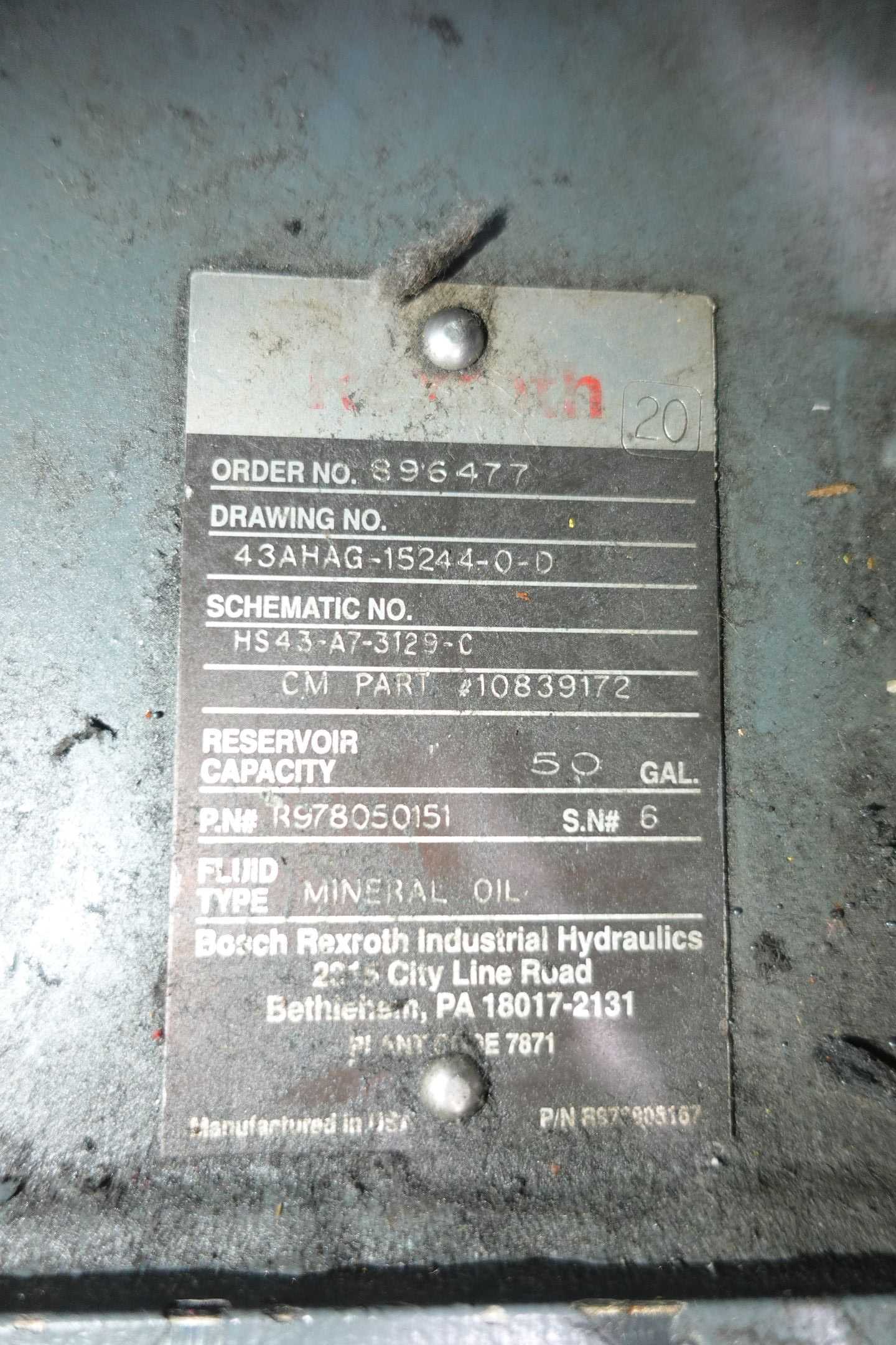 REXROTH HYDRAULIC SYSTEM WITH MILACRON CONTROLLER - HYDRAULIC POWER UNIT