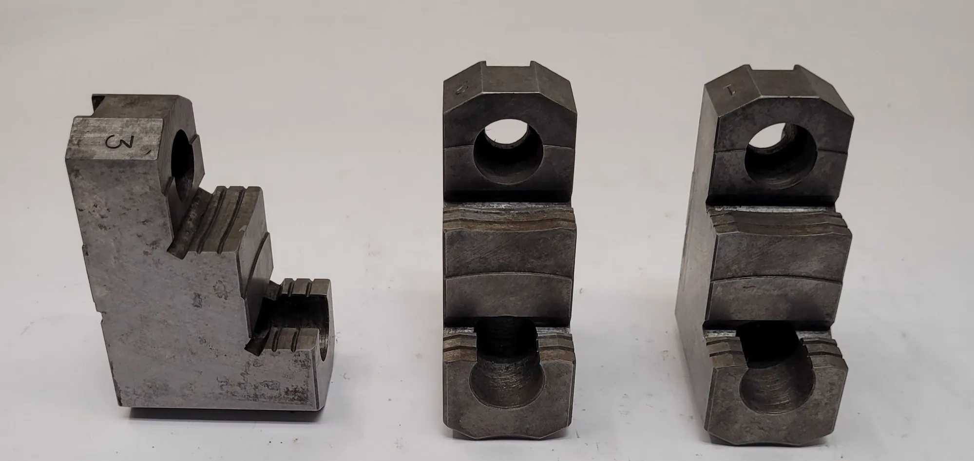 3-PIECE LATHE CHUCK JAW SET, 3-3/8" HEIGHT, 2-1/2" DEPTH, STAMPED 1-3 - MACHINE TOOLING
