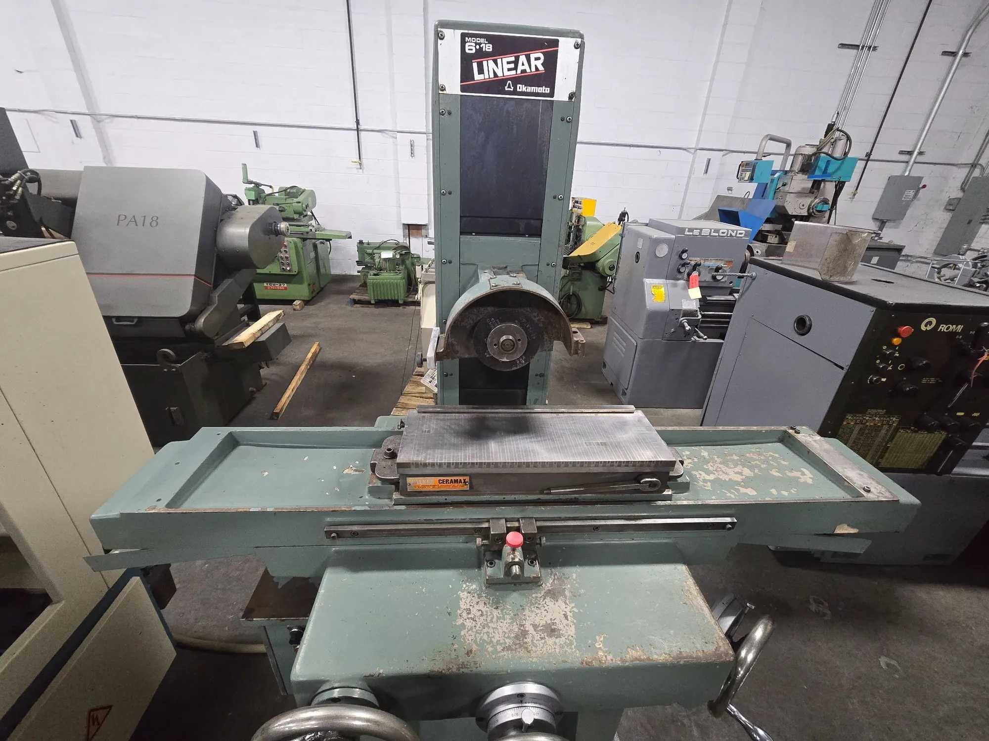 OKAMOTO LINEAR 618 MANUAL SURFACE GRINDER, 6" X 18" CHUCK, 2 HP, LINEAR BALL BEARING WAYS - SURFACE GRINDERS
