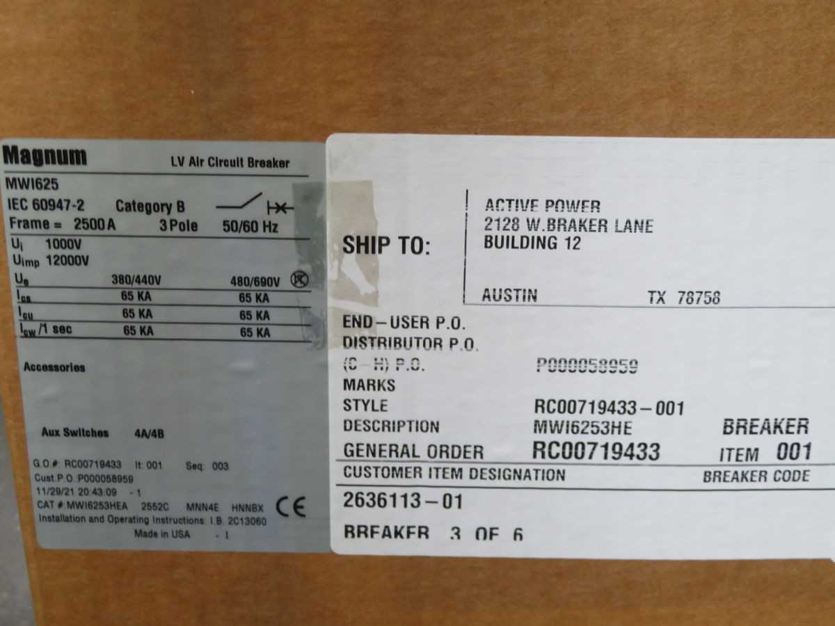EATON MWI625 MWI6253HE AIR CIRCUIT BREAKER, 3P, 2500A, 635VAC, 85KA @ 635VAC IC, ELEC TRIP - CIRCUIT BREAKERS