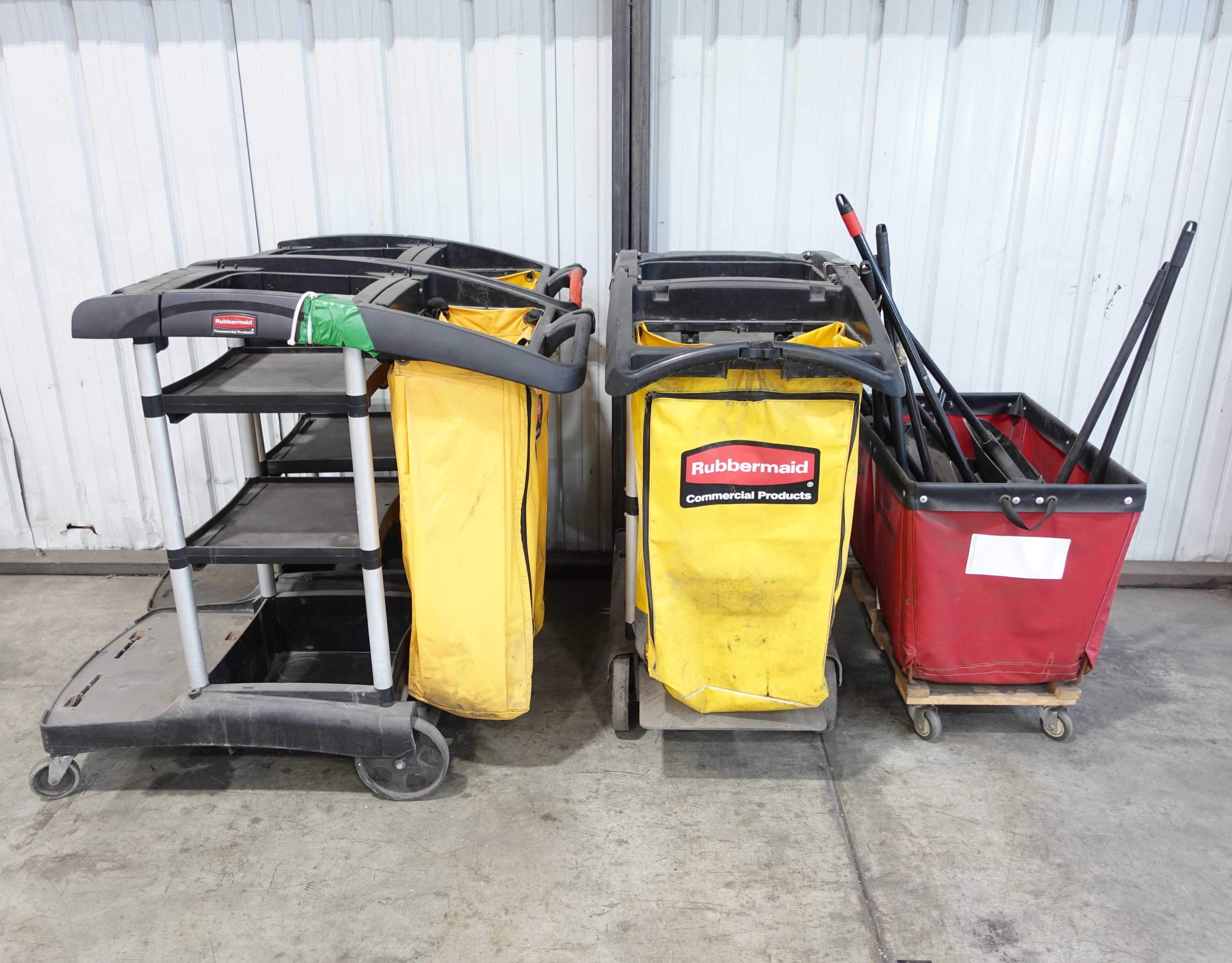 LOT OF JANITORIAL PUSH CARTS, BROOMS AND DUST PANS - CLEANING EQUIPMENT