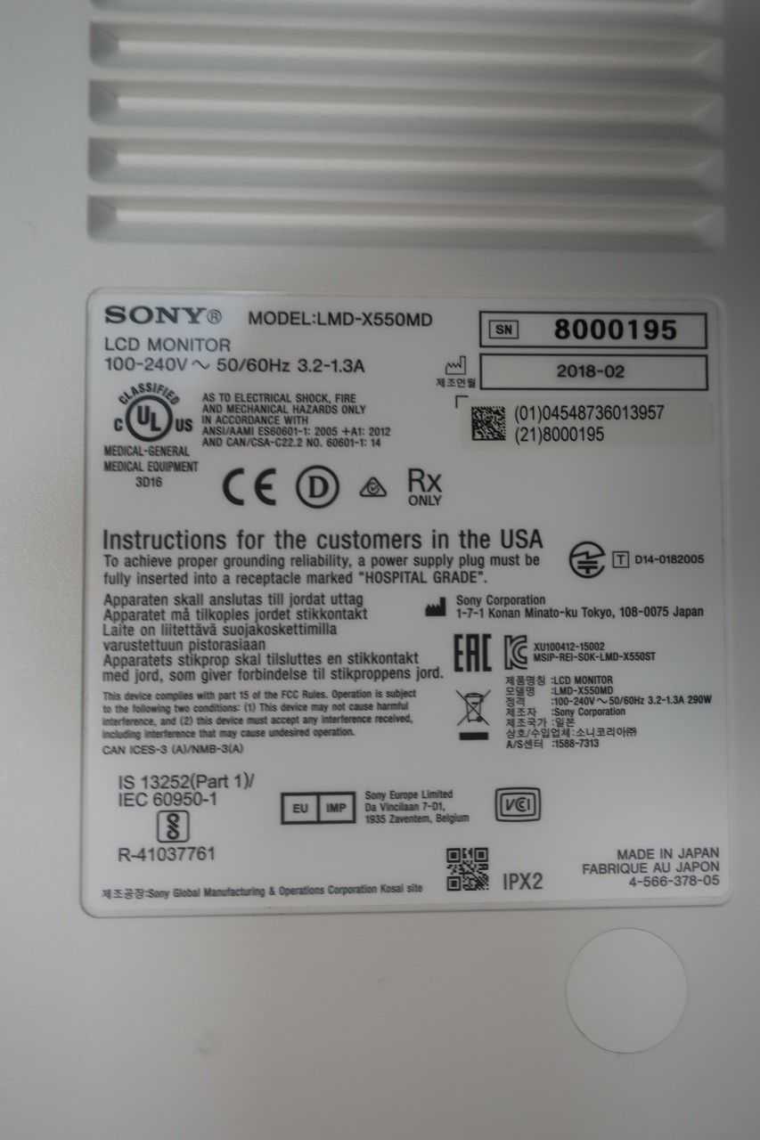 SKU 1029980 - SONY LMD-X550MD 4K MEDICAL SURGICAL MONITOR LCD DISPLAY, 55 IN - HMIS & DISPLAYS