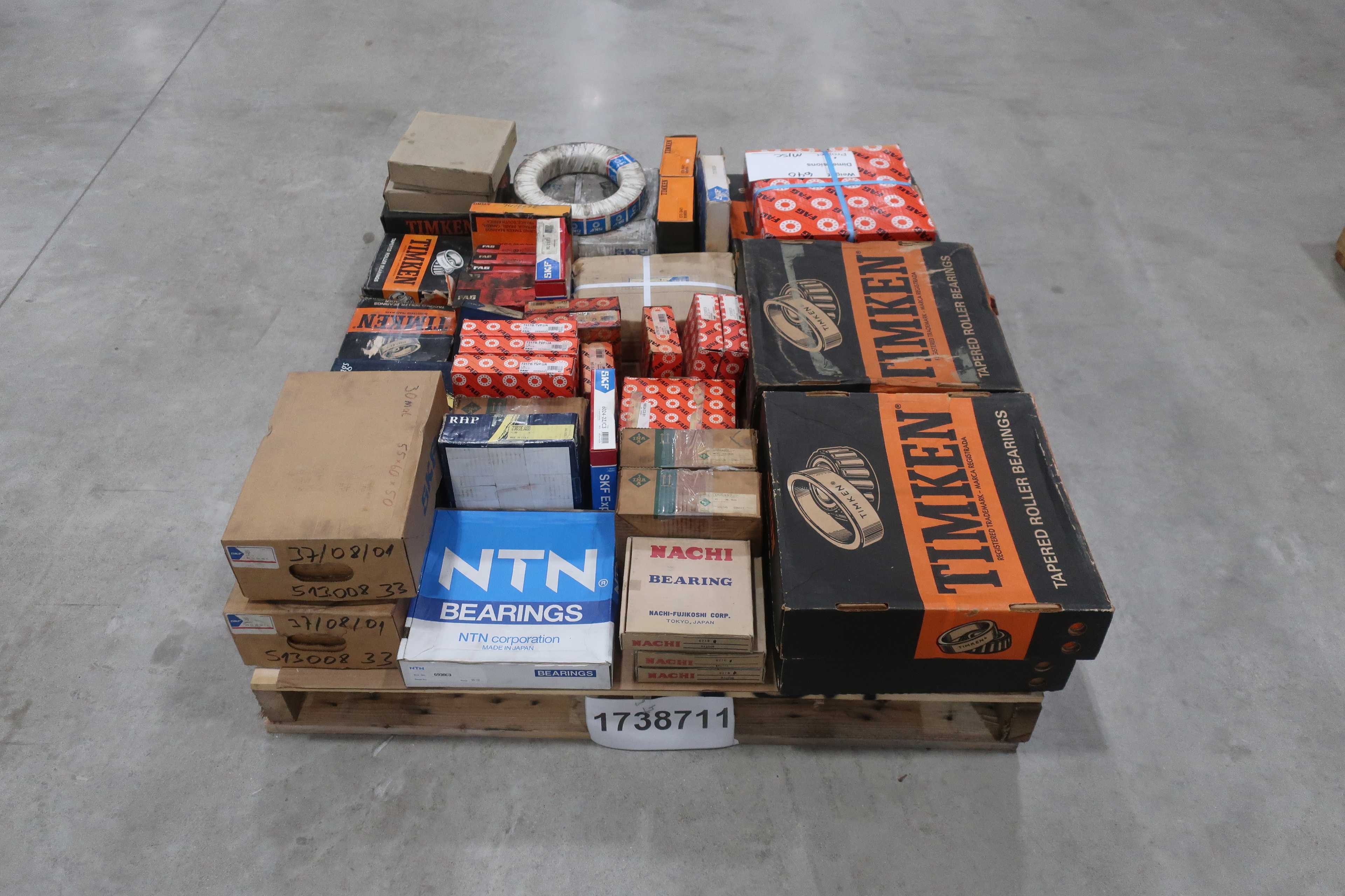 SKU 1738711 - PALLET OF ASSORTED BEARINGS, NTN, SKF, NACHI, TIMKEN, FAG, RHP, INA