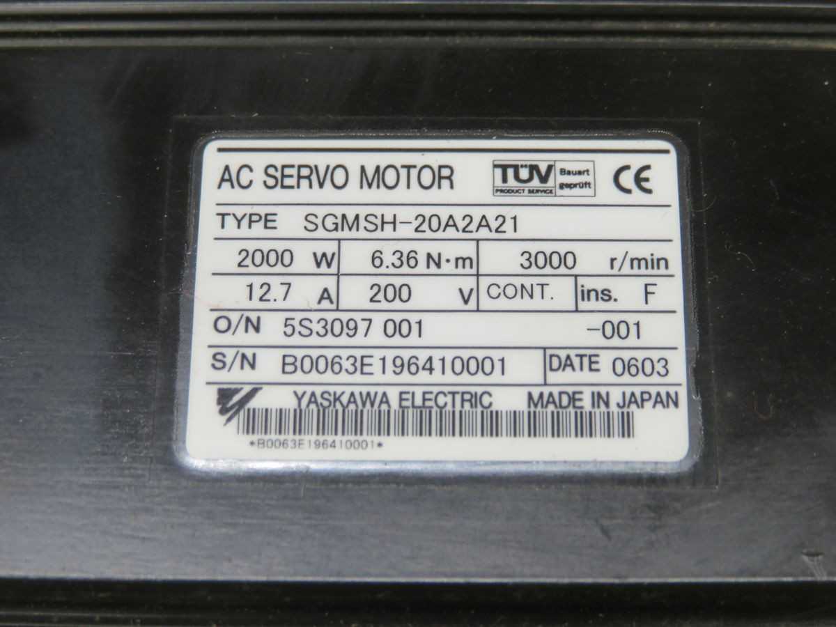 YASKAWA SGMSH-20A2A21 SERVO MOTOR, 2000W POWER, 6.36 N-M TORQUE, 3000 RPM SPEED, 17-BIT ENCODER, IP67/IP65 PROTECTION - SERVO