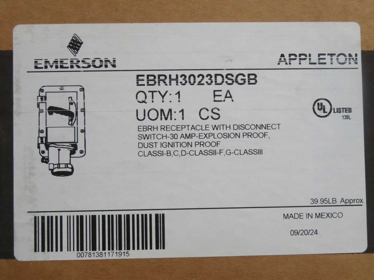 EMERSON EBRH3023DSGB EXPLOSION-PROOF DISCONNECT RECEPTACLE, 30A, 2-WIRE, 3-POLE, 250V AC - ELECTRICAL RECEPTACLES