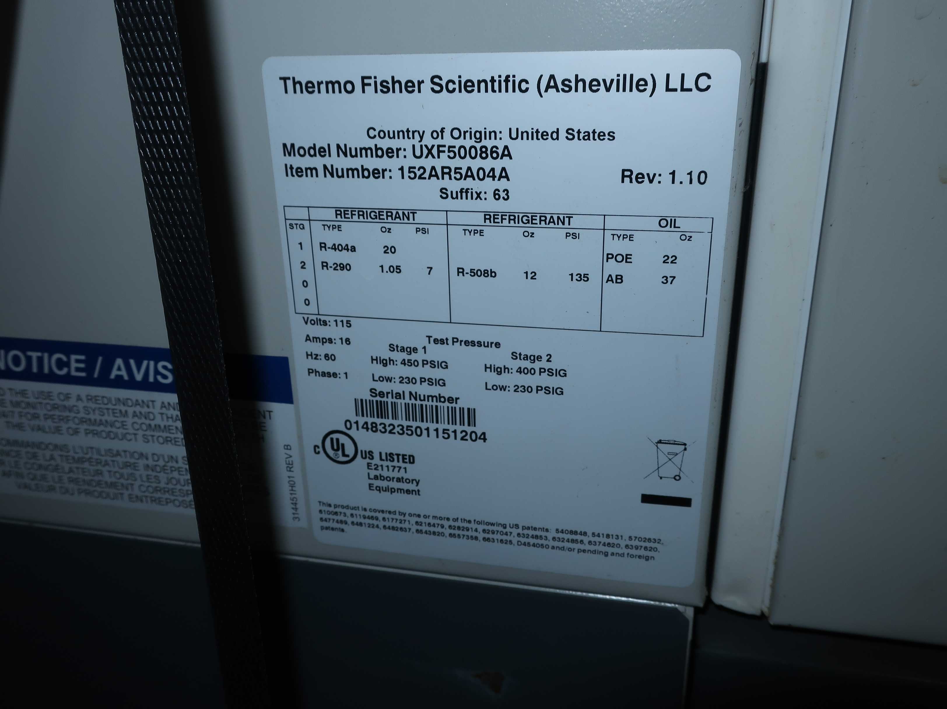 THERMO SCIENTIFIC, REVCO, UPRIGHT ULTRA LOW TEMPERATURE FREEZER, VOLTS-115, AMPS-16, HZ-60, PHASE 1 - COOLING EQUIPMENT