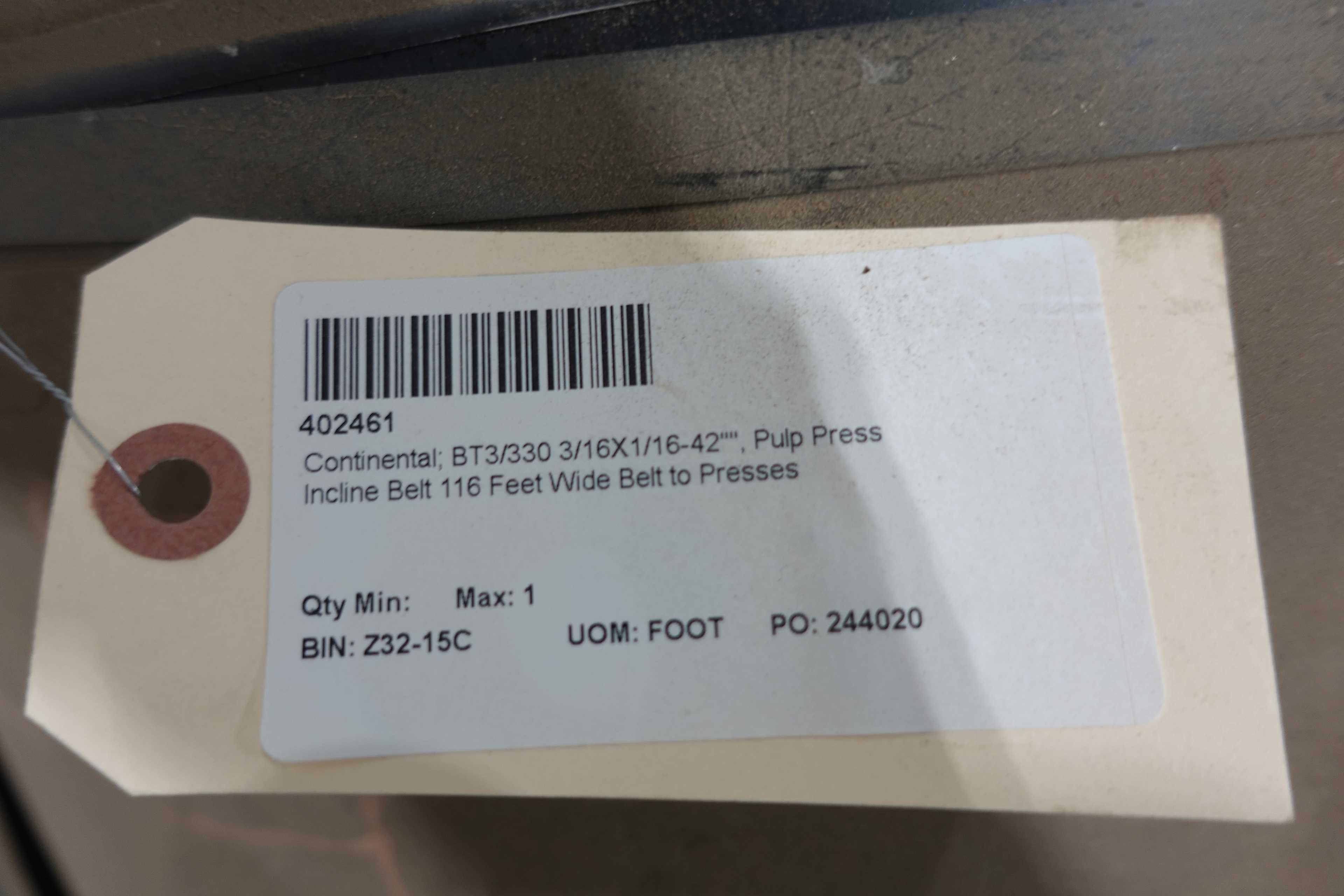 SKU 1740529 - CONTINENTAL BT3/330 3/16X1/16 CONVEYOR BELT, 42 IN WIDE, 116 FT LONG - CONVEYOR PARTS