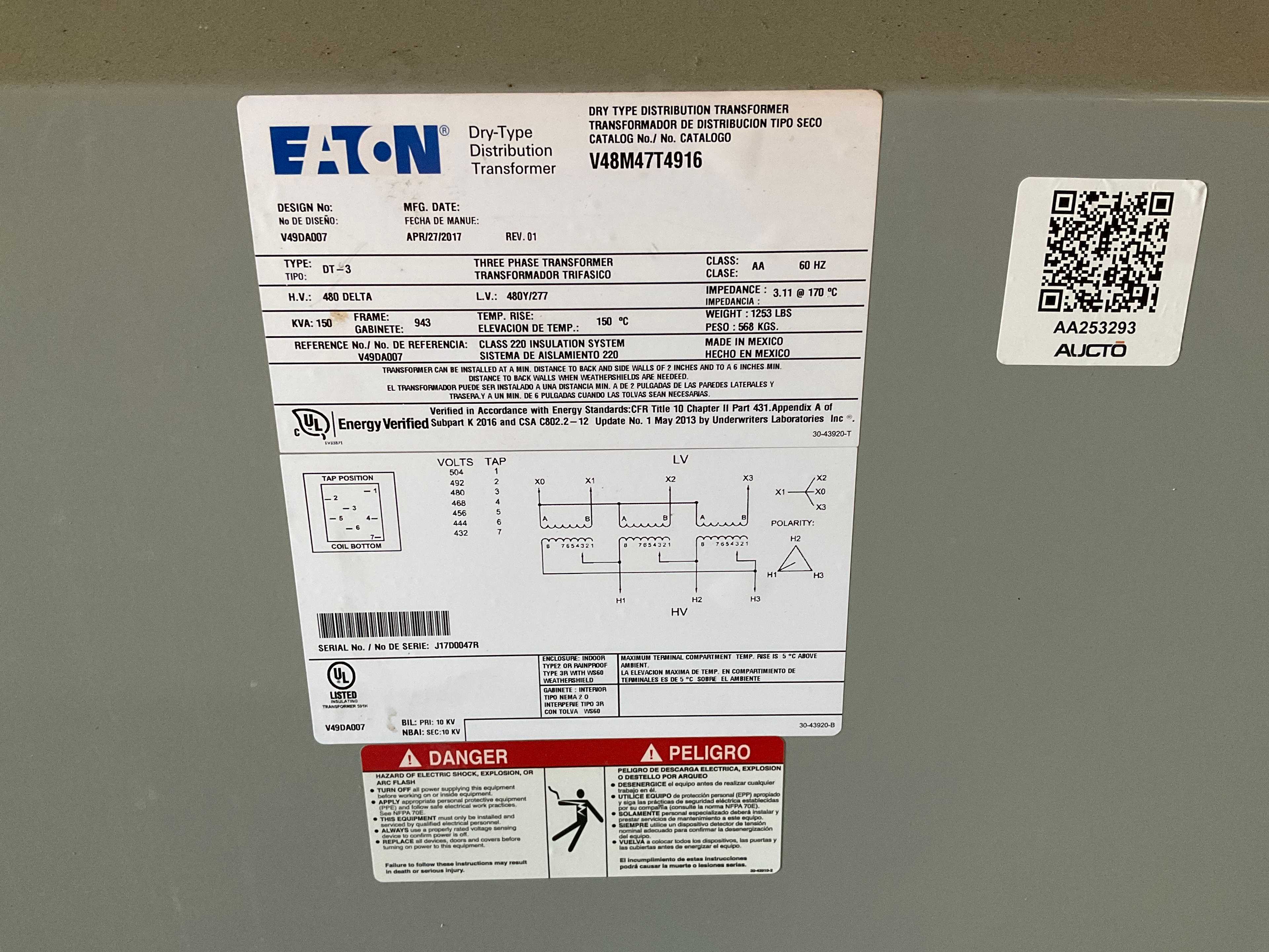 2017 EATON DT-3 DRY POWER DISTRIBUTION TRANSFORMER - DRY POWER DISTRIBUTION TRANSFORMER