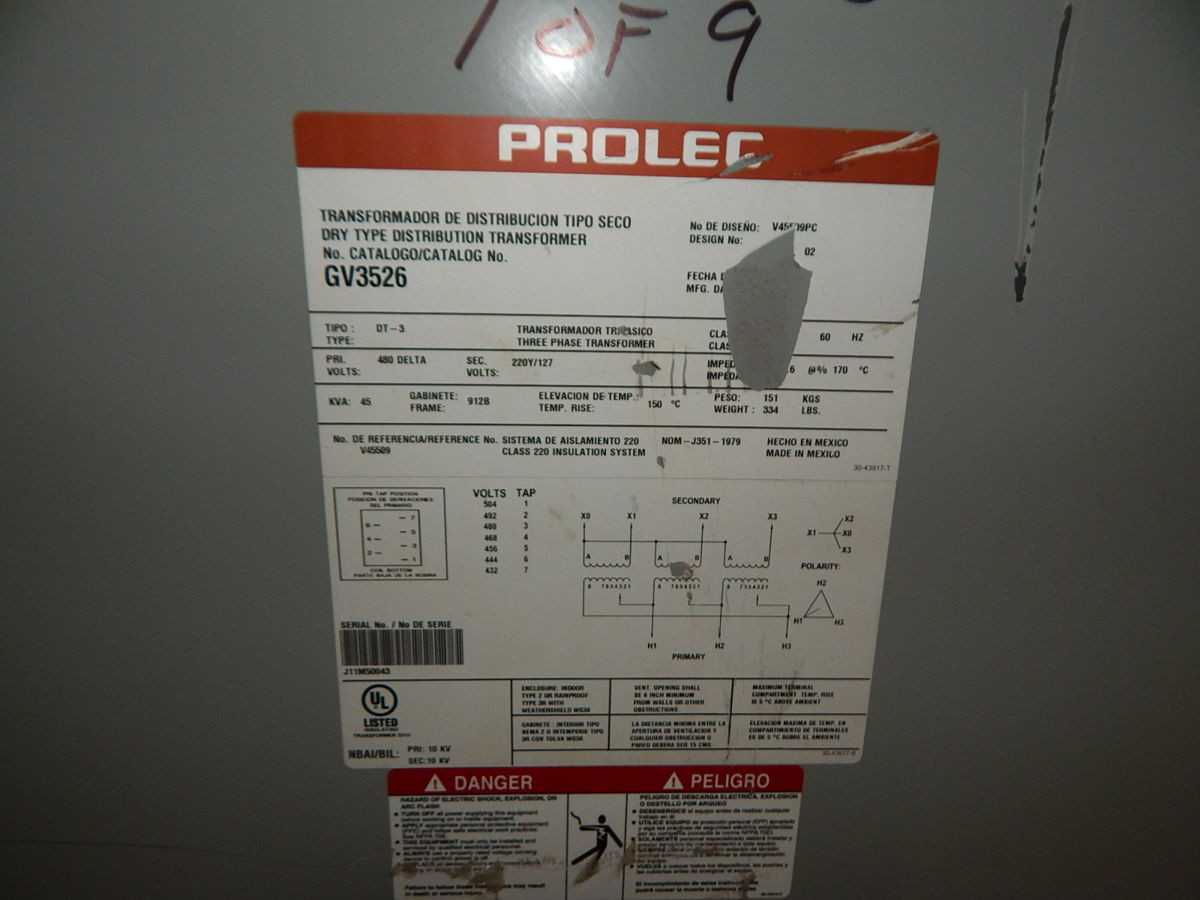 PROLEC GV3526 TRANSFORMER, 3-PHASE, 45 KVA POWER, 480 VAC PRI VOLTAGE, 208Y/120 VAC SEC VOLTAGE - DRY TRANSFORMERS