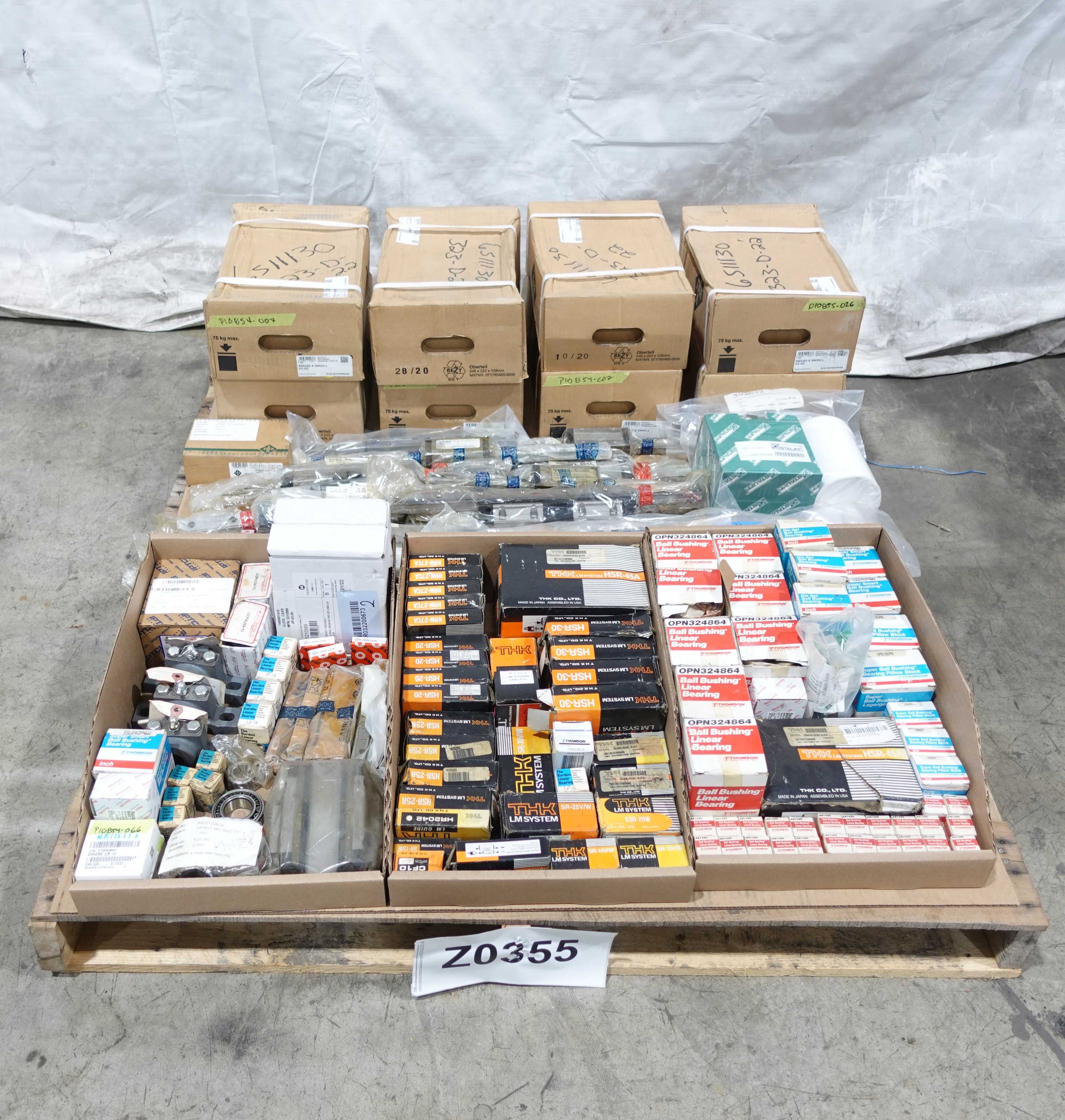 PALLET OF ASSORTED LINEAR BEARINGS, GUIDES, RAILS, BALL BEARINGS AND BEARING ACCESSORIES - LINEAR MOTION