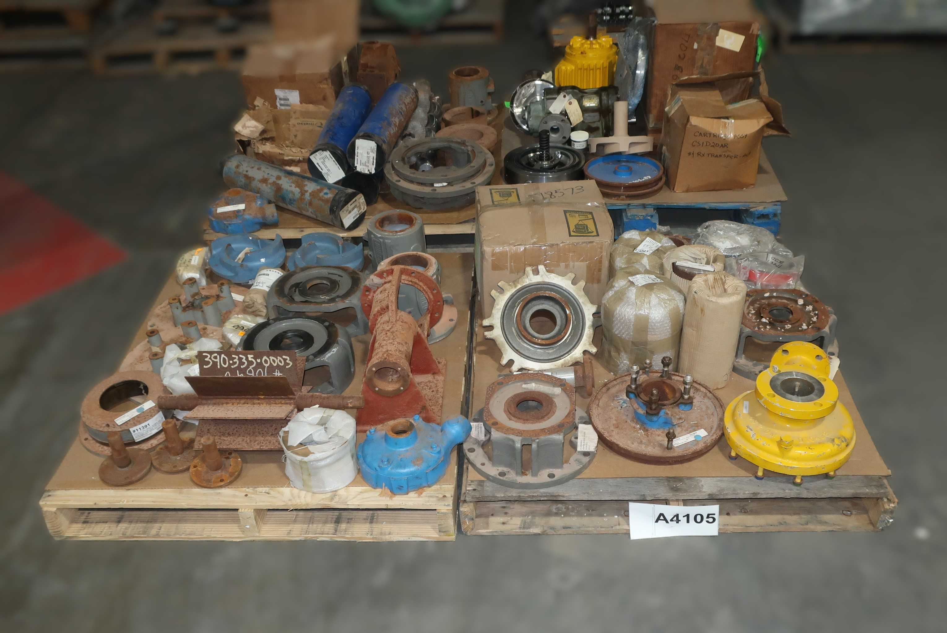 4 PALLETS OF ASSORTED PUMP REPLACEMENT PARTS, CASTINGS, RINGS, PEPELLERS - PUMP REPLACEMENT PARTS