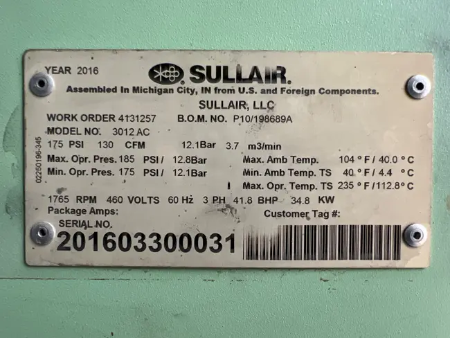 2016 SULLAIR 3012AC STATIONARY AIR COMPRESSOR - undefined