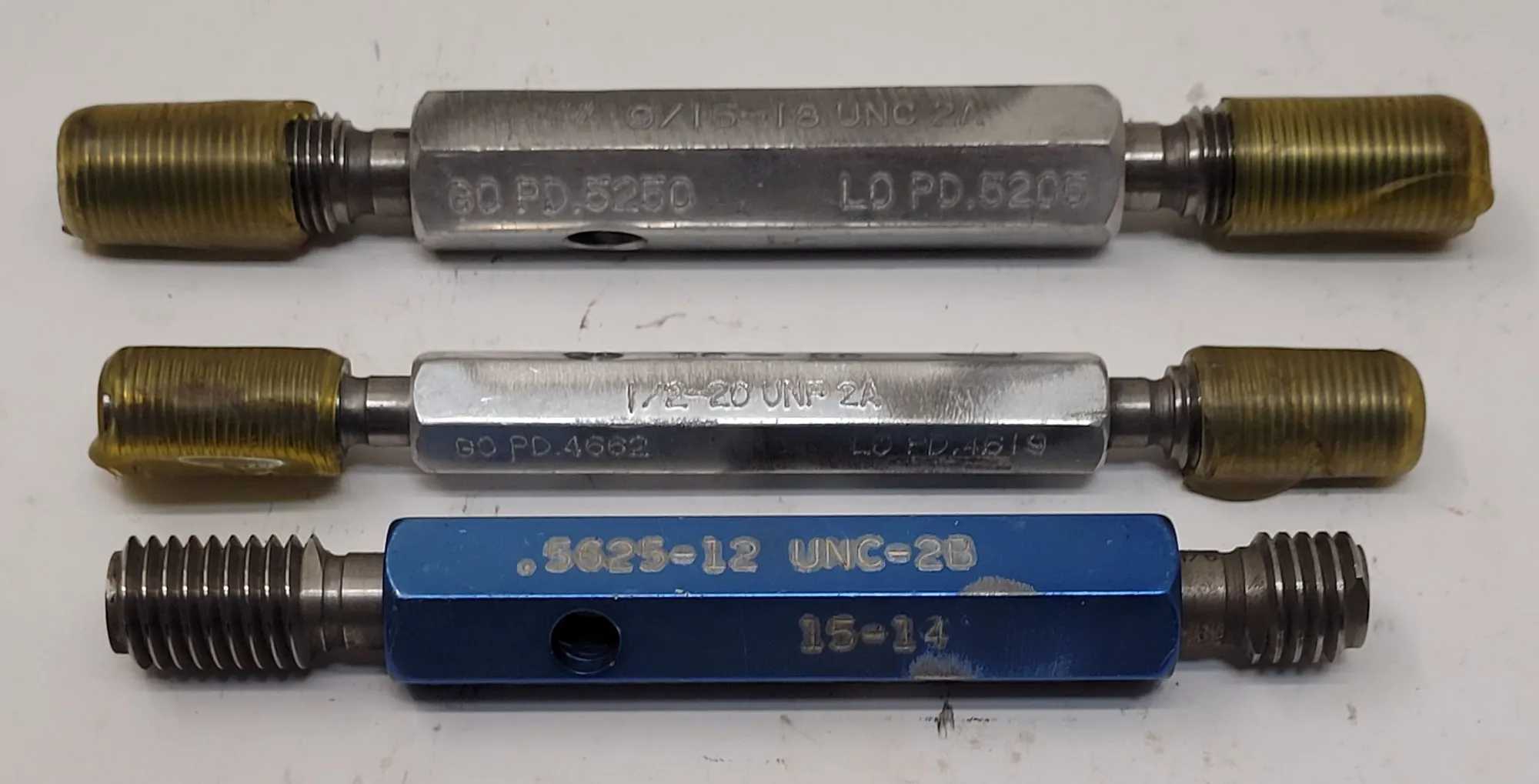 GO/NO GO PLUG GAUGE SET (3) - 9/16-18 UNC 2A, 1/2-20 UNF 2A, .5625-12 UNC-2B - MACHINING TOOLING & PARTS